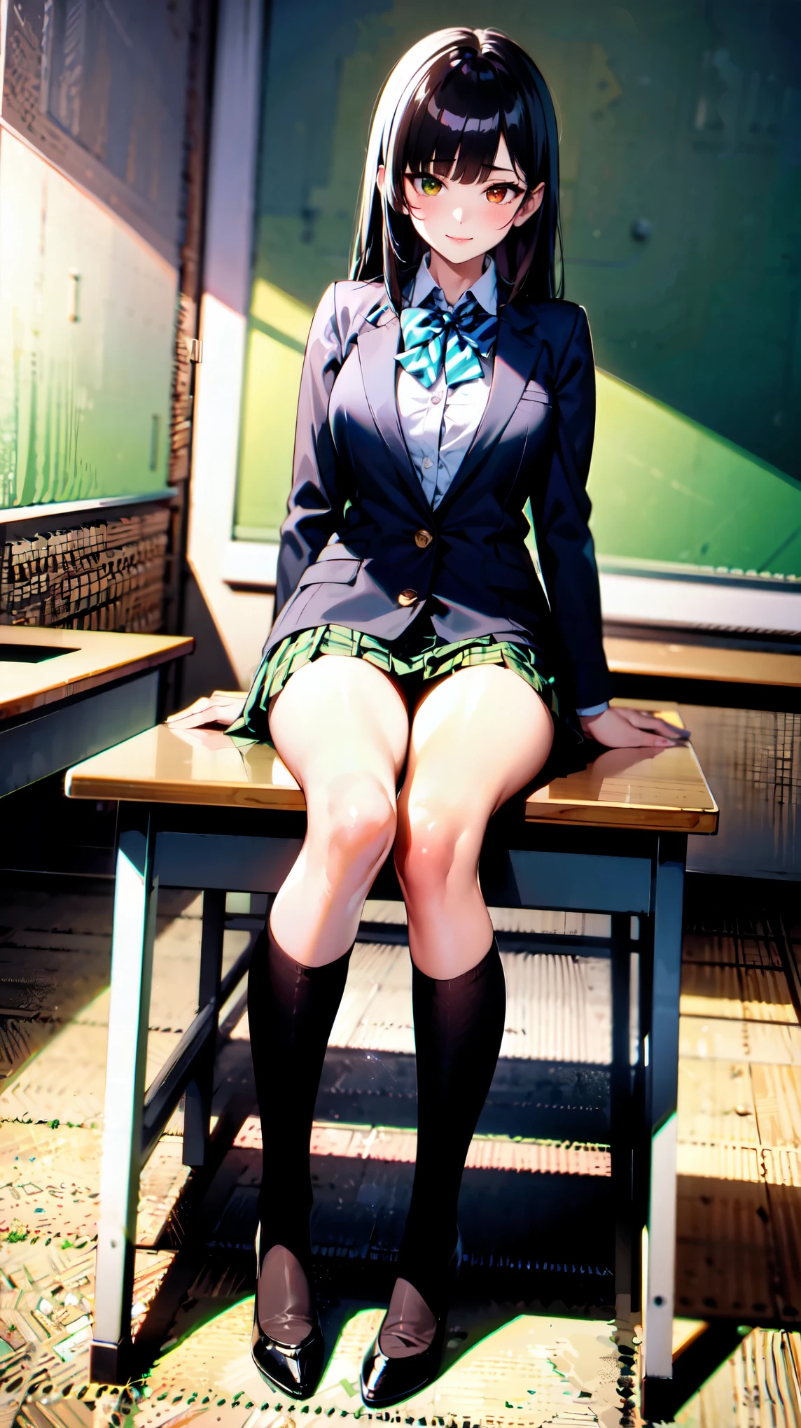 ((super high quality,Ultra-high resolution,4K,8k,super masterpiece,Ultra HD ,Detailed shading)),Full body photo,Morning Classroom,One high school girl,Blue-green blazer,White dress shirt unbuttoned to the second button,A bright yellow striped bow tie,Brown plaid mini skirt,Black long tights,Long black straight hair,Side-swept bangs,Orange and green heterochromia,Sharp eyes with raised,smile,blush,Sit on a desk,