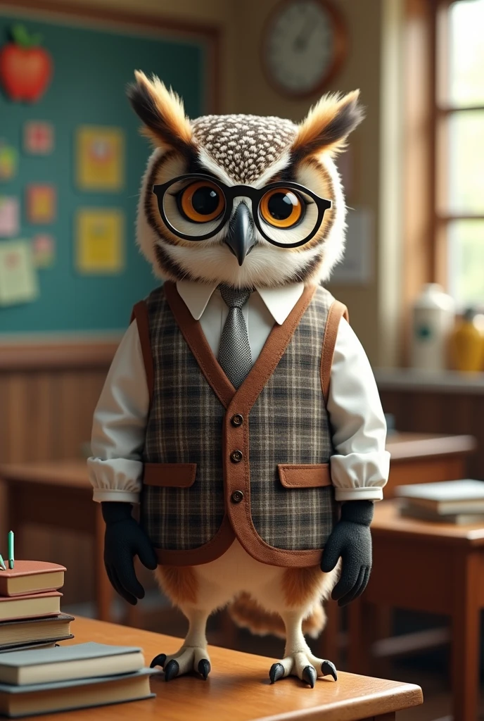 Realistic owl wearing teacher uniform and hand glove full body