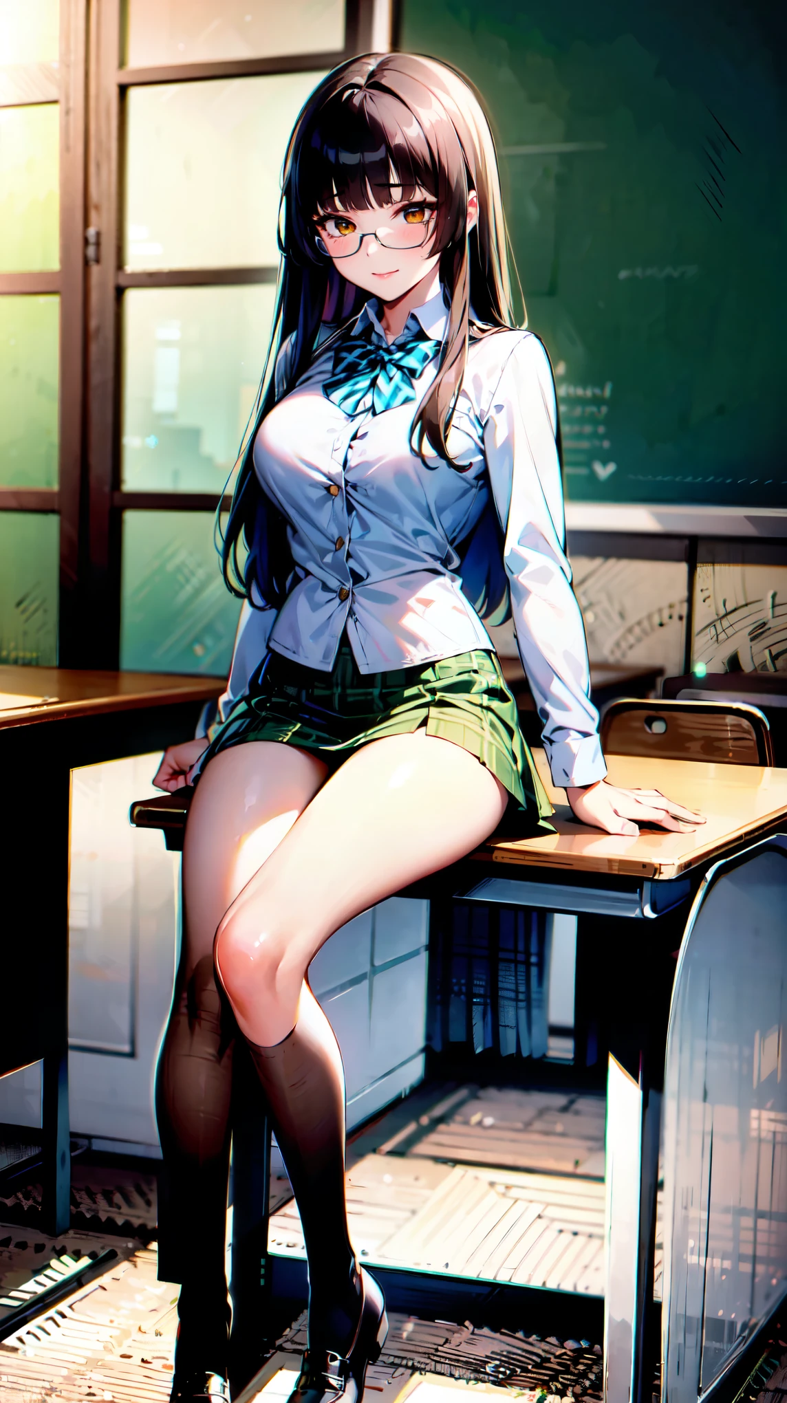((super high quality,Ultra-high resolution,4K,8k,super masterpiece,Ultra HD ,Detailed shading)),Full body photo,Morning Classroom,One high school girl,Blue-green blazer,White dress shirt unbuttoned to the second button,A bright yellow striped bow tie,Brown plaid mini skirt,Black long tights,Long black straight hair,Side-swept bangs,Orange and green heterochromia,Sharp eyes with raised,smile,blush,Sit on a desk,