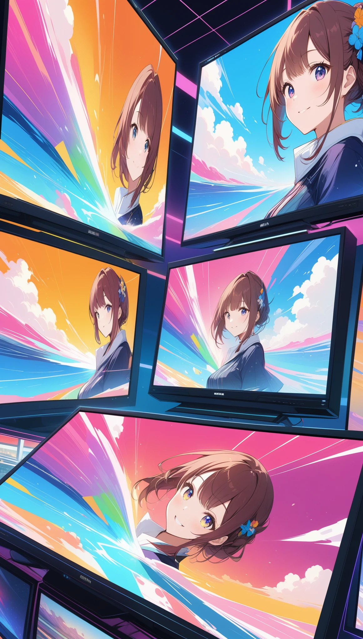 anime style, super fine illustration, highly detailed, dynamic angle, beautiful detailed, 8k, In front of numerous cathode-ray tube televisions, BREAK various programs are being broadcasted. A woman gazes at them, BREAK smiling amidst the colorful scenes.(highest quality、masterpiece、High resolution、detailed)animeスタイル、flat style、(Shining Eyes、detailed美しい顔), BREAK,Dynamic Angles、anime