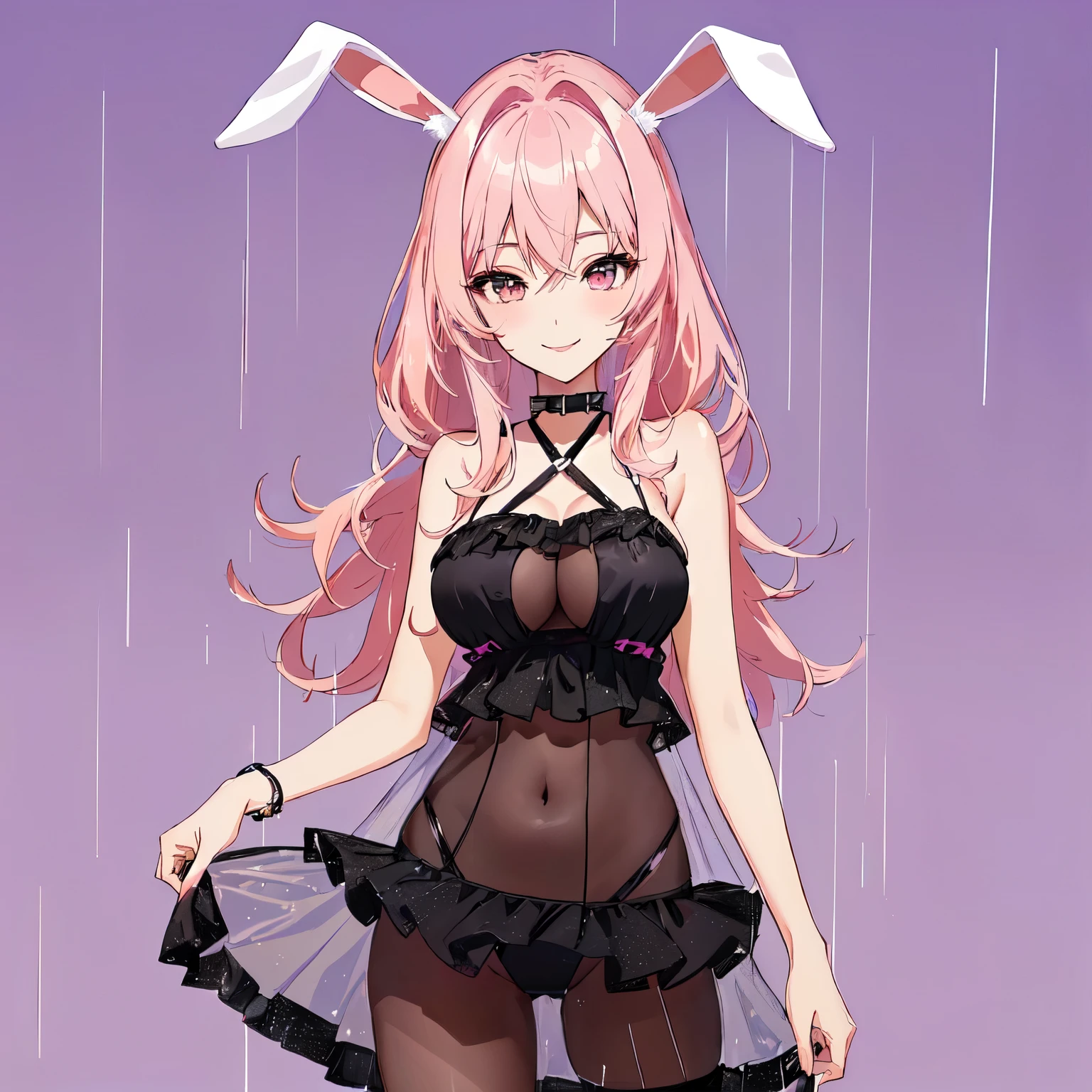 25 year old young man, adult  woman, anime girl with pink hair and rabbit ears walking in the rain, pink haired girl in a bikini, put the girl in a bikini, beatiful boobs, black leagwear , big neckline, roupa sensuous, sexy girl, pink bikini, black swimwear, Flying hair, sexy girl, sensuous, sorriso sensuous, charming smile, provocative clothes, big boobies, decote sensuous, sultry eyes, 8k