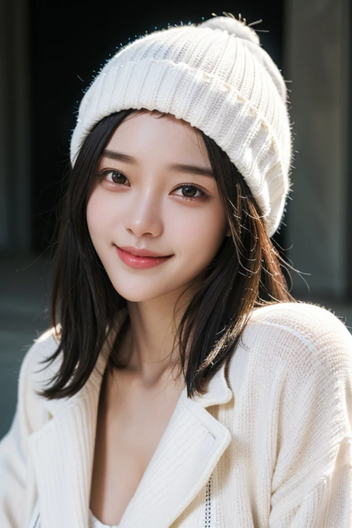 solo, masterpiece, High resolution, High detail, Highest quality, Very detailed, Ultra high definition, Textured skin, Black Hair, Bob Hair, chest, smiling, Column Lineup, Cinematic light effects, realism, Surrealism, Portrait Photography, illumination,White knit hat,White Down Jacket