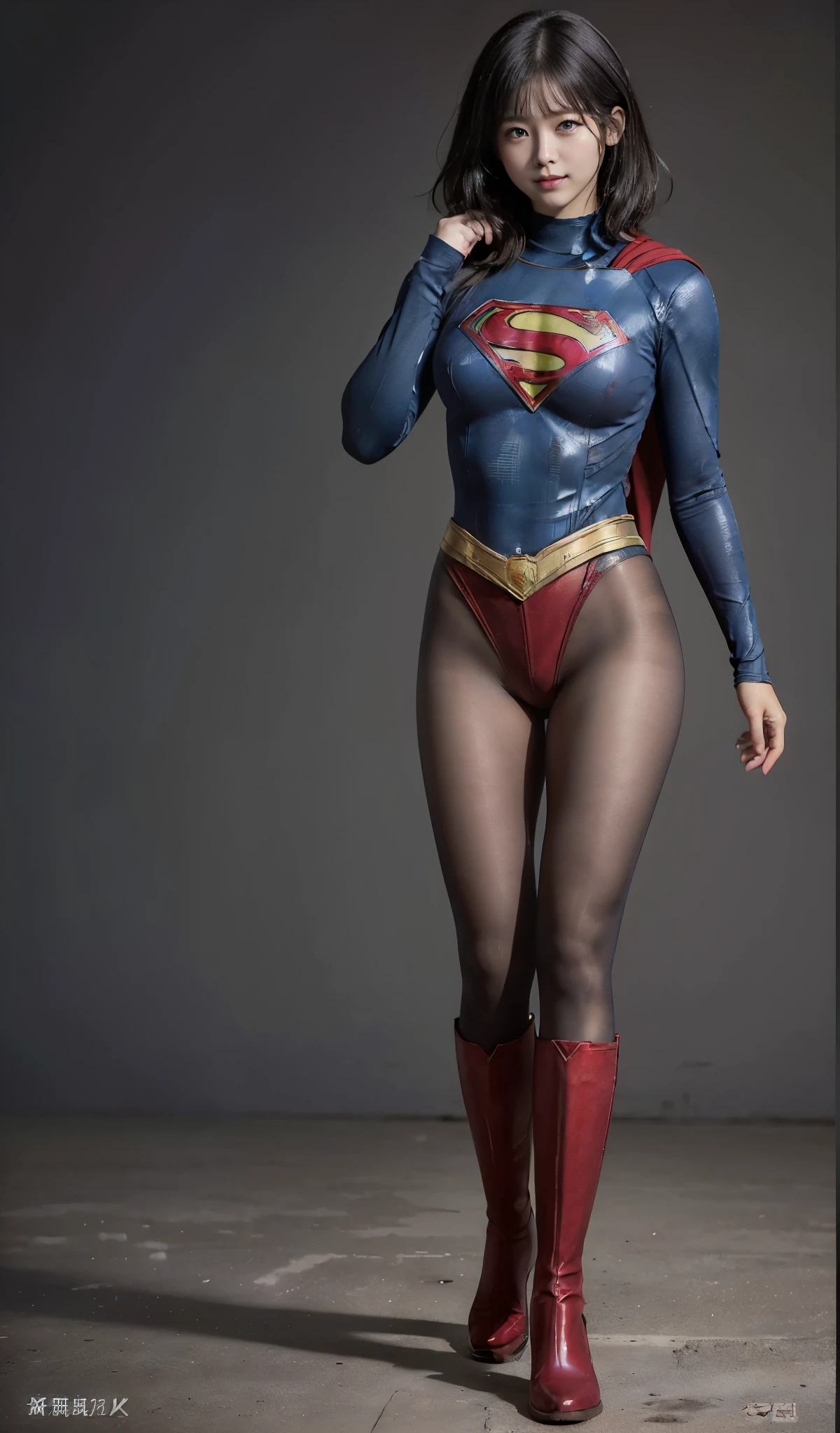 No background、(((Beautiful legs in black tights.)))、(((Legally express the beauty of your smile)))、((((Make the most of your original images)))、(((Supergirl Costume)))、(((Beautiful short bob hair)))、(((suffering)))、(((Please wear black tights....、Wear red boots)))、((Best image quality、8k))、((Highest quality、8k、masterpiece:1.3))、(((Preserve background )))、Sharp focus:1.2、Beautiful woman with perfect figure:1.4、Slim Abs:1.2、Wet body:1.5、Highly detailed face and skin texture、8k