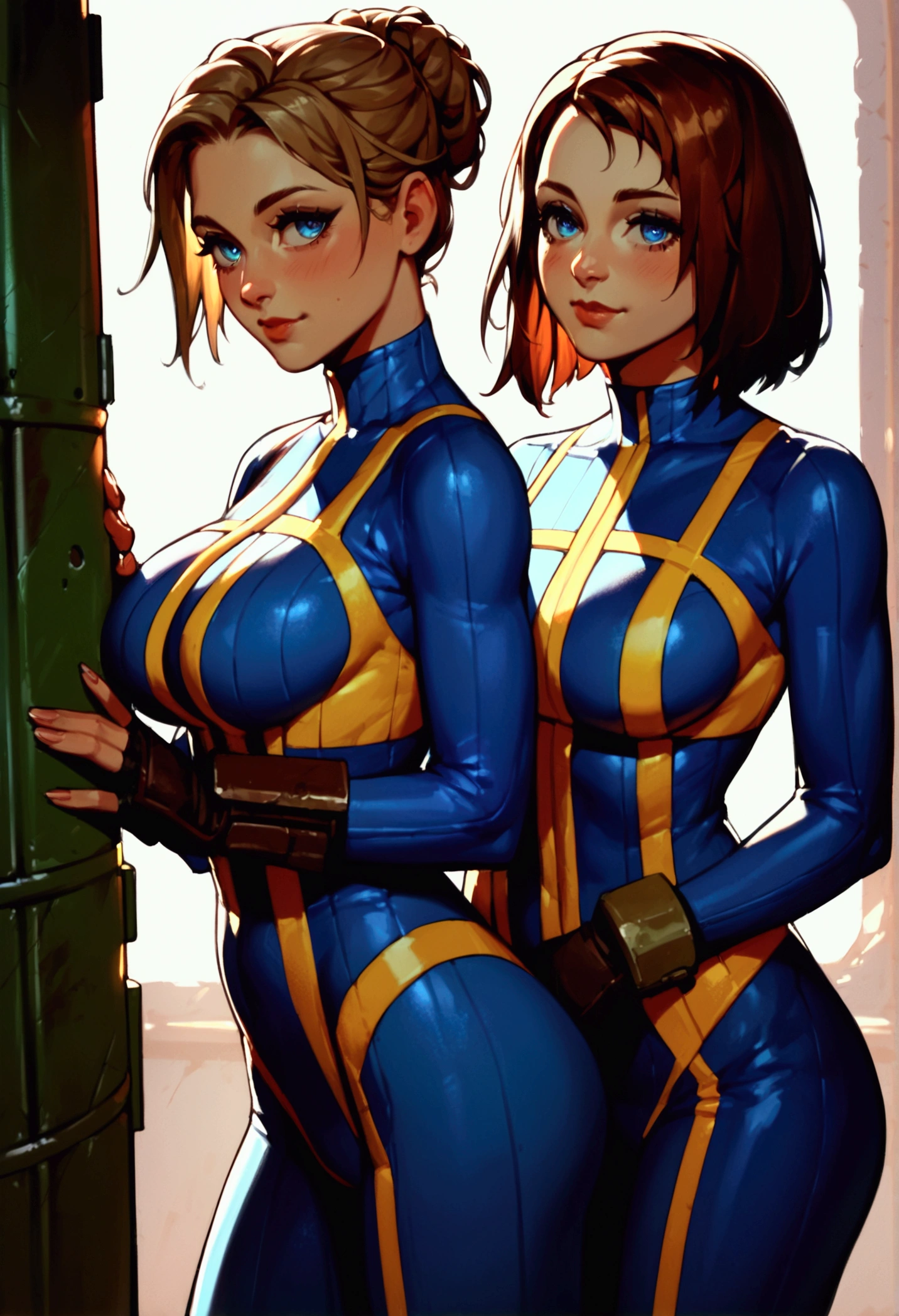 detailed illustration, (front view), (side view),dynamic angle, ultra-detailed, illustration, clean line art, shading, anime, detailed eyes, detailed face, beautiful face, dramatic lighting, detailed illustration, dynamic angle, ultra-detailed, illustration, (multiple woman: 1.8), masterpiece, masterwork, beautiful,

score_9, score_8_up, , female, score_9, score_8_up, score_7_up, score_6_up, score_5_up, score_4_up, BREAK, multiple women, big breasts, breasts, score_9, score_8_up, score_7_up, vault_girl, cute face, pip boy, bangs, body suit, happy, vault tec, tight fitting suit, deep cleavage, (in a fallout shelter: 1.8), fallout vault, vault, fallout shelter, cowboy shot, multiple women in shot, women friendly with each other, women flirting, inside, no windows,