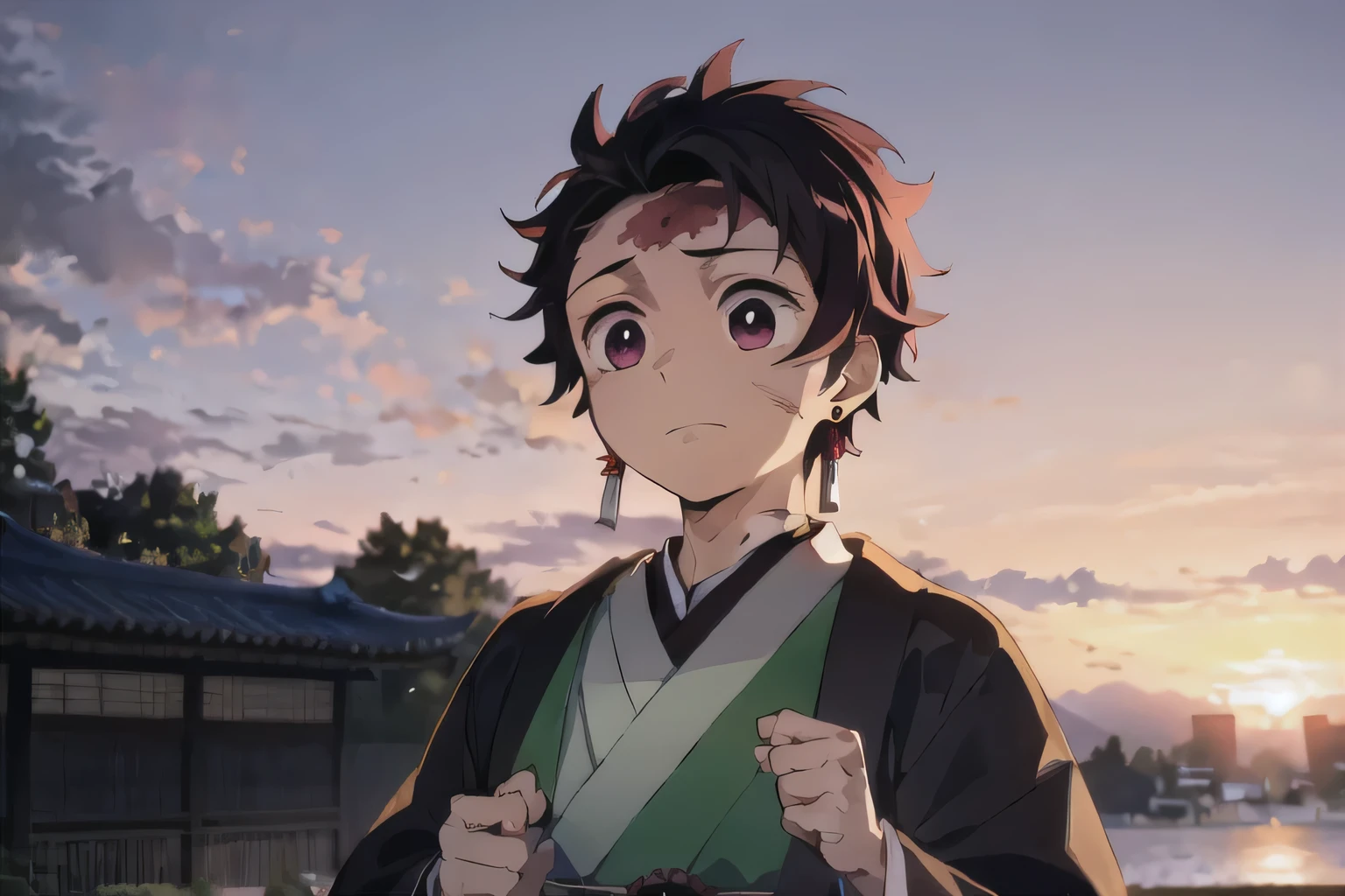 demon slayer, tanjiro, 1boy, solo, sunset, upper body, looking away, japanese clothes, long sleeves, earrings, scar on face, kamado tanjirou, outdoors, best quality, masterpiece,