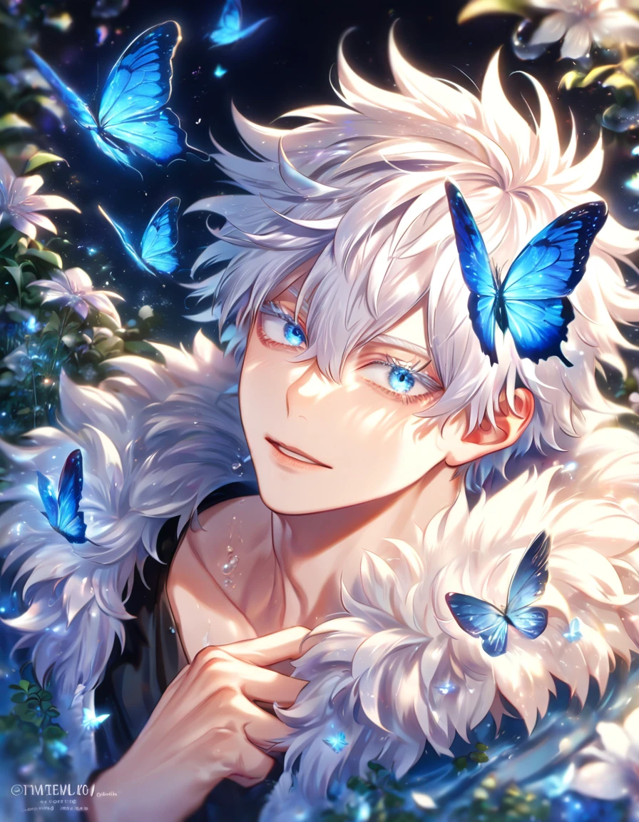 absurdres, highres, ultra detailed, HDR) master piece, best quality, extremely detailed, delicated features, Gojou Satoru, white hair, messy hair, hair between the eyes, expressive blue eyes, white eyelashes, Boku No Hero Academia, solo, sexy man, handsome, sensual, light-blue coat with fur collar, black T-shirt, fantasy, magical, glittering, water, blue flames, blue moon, blue flowers, blue butterflies, garden