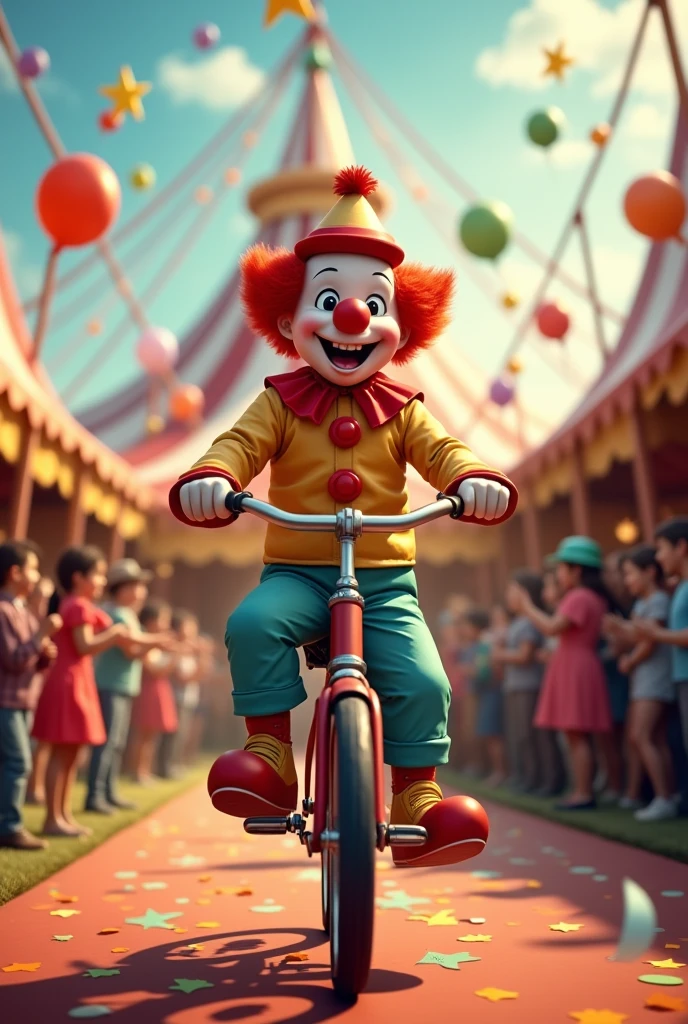 arte lineal:1.5, A small clown riding a bicycle in a circus, many colorful and fun scene, festive and joyful atmosphere, (best quality,4k,8k,highres,masterpiece:1.2),ultra-detailed,(realistic,photorealistic,photo-realistic:1.37),circus clown,circus tent,festival,carnival,vibrant colors,playful,whimsical,dynamic composition,cheerful,humorous,upbeat,lively,entertaining