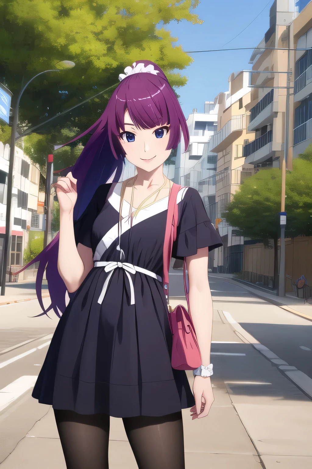 masterpiece, best quality, highres, detailed face, face focus, anime coloring,
street, trees, street signs, sunset,
1girl, solo, looking at viewer, hand on hip, smile, cowboy shot, 
hitagisenjougahara, long hair,  ponytail, medium breasts, bangs, senjougahara hitagi,
black dress, collarbone, dress, white ribbon, jewelry, black pantyhose, shorts, necklace, bag, black pantyhose, scrunchie, legwear under shorts, short sleeves