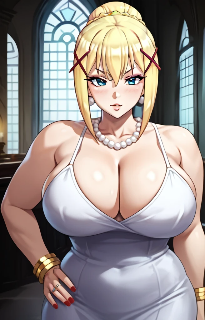 Darkness lalatina,konosuba,Big breast,Plump,Curvy figure,Golden bracelet,Professional make up,Bun
hair,Half open eyes,pearl necklace,Big pearl earring,Mature,thin Classy dress,Cleavage,Wedding ring,Eyeshadow,Glossy lips,Enchanced breast,Cross hairpin,potrait,Corrupted noble,red color long nail,spaghetti strap cleavage,Blonde,Majestic mansion,1hand on hips,Dignified expression,No bang hair,Noble rings,modern anime quality,Arrogant