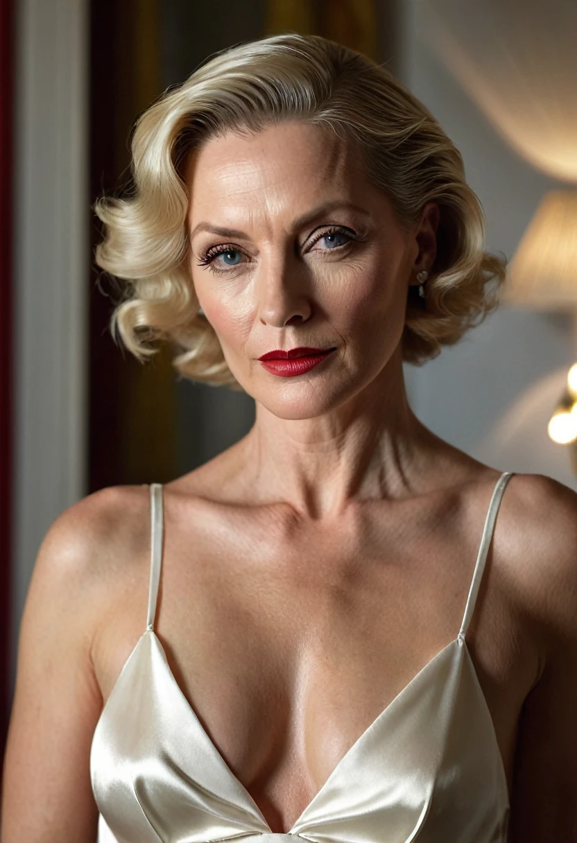 beautiful short blonde hair slicked back, small pointed breasts, wearing only a thin white satin slip, sensual and alluring mature woman in her 50s, beautiful white skin, owner of a lavish mansion in 1930s Austria, perfect makeup, backlit with dramatic shadows, professional lighting and camera, (best quality,4k,8k,highres,masterpiece:1.2),ultra-detailed,(realistic,photorealistic,photo-realistic:1.37), cinematic, the camera captures her whole body in a sexy way as she poses with her hands on her waist.
