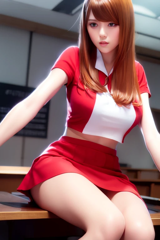 high quality,tall,beautiful long legs. A red sailor uniform with a lot of skin exposure, Short skirt,Bare-chested. School classroom. Sitting at a desk. 
Turn to the side、Quiet、A sad expression. Erotic. R-18.