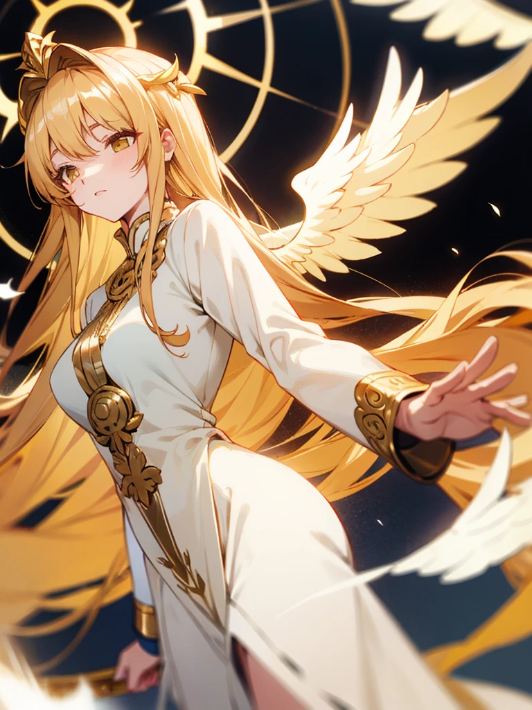 long golden hair,ornate golden headress, long ethereal white dress,hazel eyes,white angel wings,sun goddess