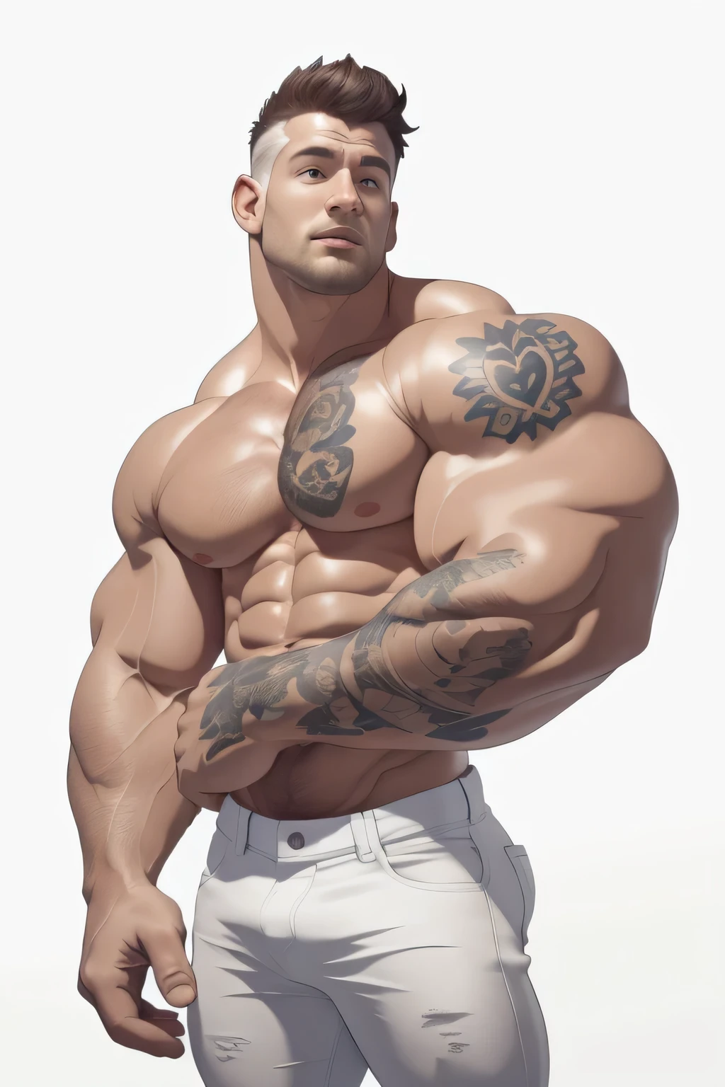 Handsome, square jaws, wavy hair,clear face, clear eyes, heed looking at the side up, muscular body, muscular arms, huge pectorals, huge arms and hands, wearing white jeans, tattooed neck and body, Cropped feet,white background