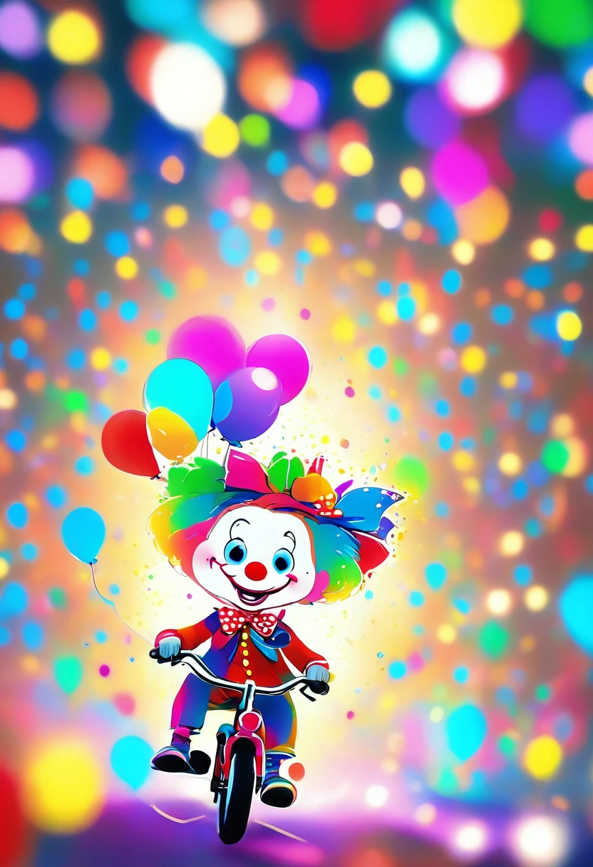 A small clown riding a bicycle in a circus, many colorful and fun scene, festive and joyful atmosphere, (best quality,4k,8k,highres,masterpiece:1.2),ultra-detailed,(realistic,photorealistic,photo-realistic:1.37),circus clown,circus tent,festival,carnival,vibrant colors,playful,whimsical,dynamic composition,cheerful,humorous,upbeat,lively,entertaining