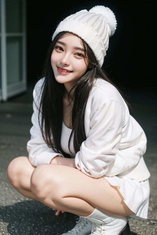 solo, masterpiece, High resolution, High detail, Highest quality, Very detailed, Ultra high definition, Textured skin, Black Hair, Bob Hair, chest, smiling, Cinematic light effects, realism, Surrealism, Portrait Photography, illumination,White knit hat,White Down Jacket,Full Body Shot,mini skirt,boots