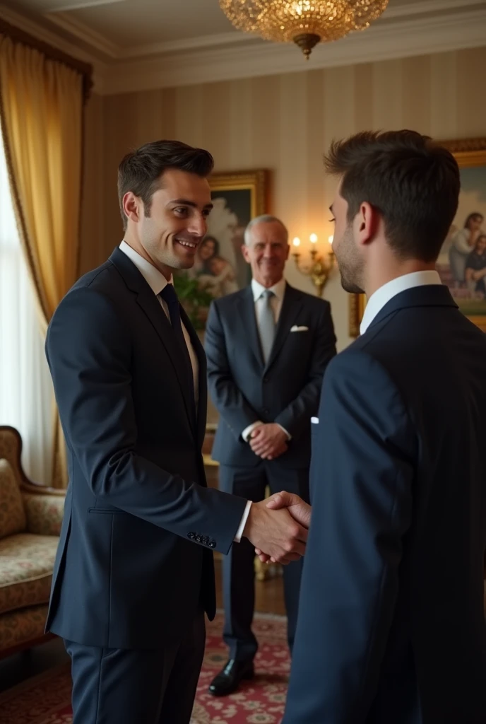 A handsome, beautiful, white young man with a beautiful face and white skin, 27 years old, his father introduces him to his stepbrother, shaking his hand. The father forces him to greet his father, son, and stepbrother together.