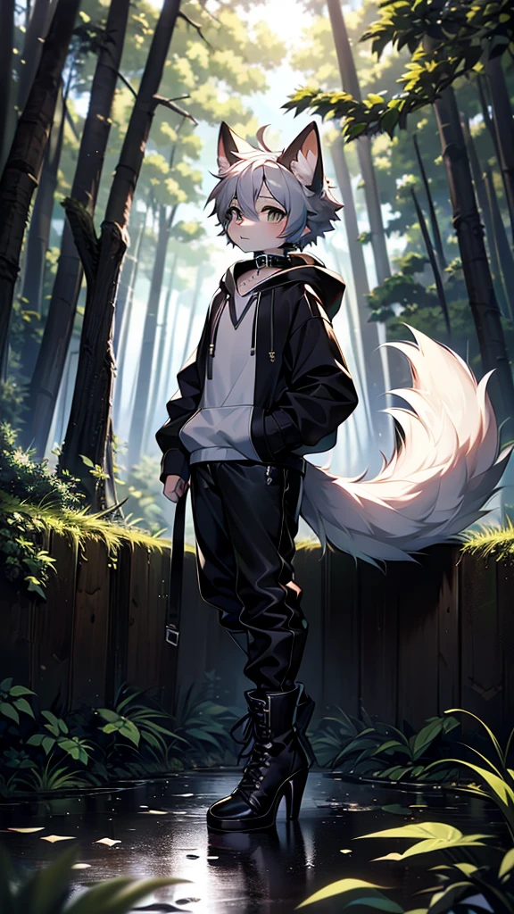 short gray hair ,solo, collar,1 person, in the forest at noon, Above a puddle, long pants,The tail is fluffy, long hoodie,Shota,Grab the tail and look at it with interest, Black lace-up long boots,stiletto heels