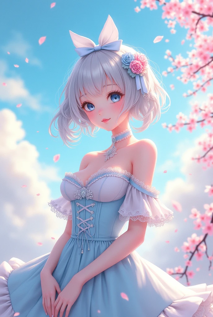 Anime, classic ta, bust design, hime loliirl, , lolita d with frill and lace, (light blue and white pallette color: 1.3)