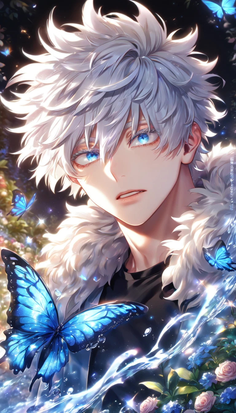 absurdres, highres, ultra detailed, HDR) master piece, best quality, extremely detailed, delicated features, Gojou Satoru, white hair, messy hair, hair between the eyes, expressive blue eyes, white eyelashes, Boku No Hero Academia, solo, sexy man, handsome, sensual, light-blue coat with fur collar, black T-shirt, black pants, white boots, fantasy, magical, glittering, water, blue flames, blue moon, blue flowers, blue butterflies, garden