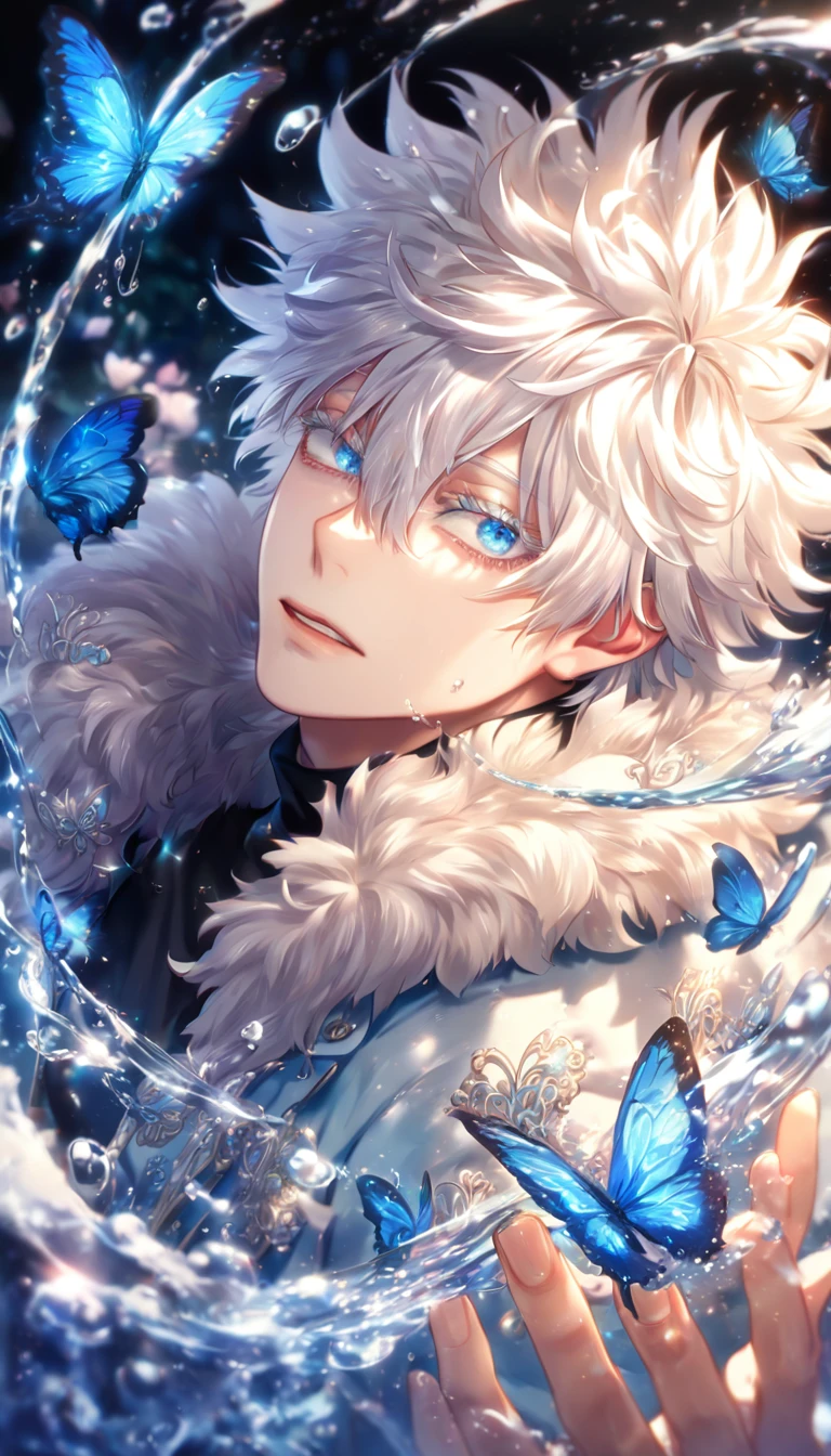 absurdres, highres, ultra detailed, HDR) master piece, best quality, extremely detailed, delicated features, Gojou Satoru, white hair, messy hair, hair between the eyes, expressive blue eyes, white eyelashes, Boku No Hero Academia, solo, sexy man, handsome, sensual, light-blue coat with fur collar, black T-shirt, black pants, white boots, fantasy, magical, glittering, water, blue flames, blue moon, blue flowers, blue butterflies, garden