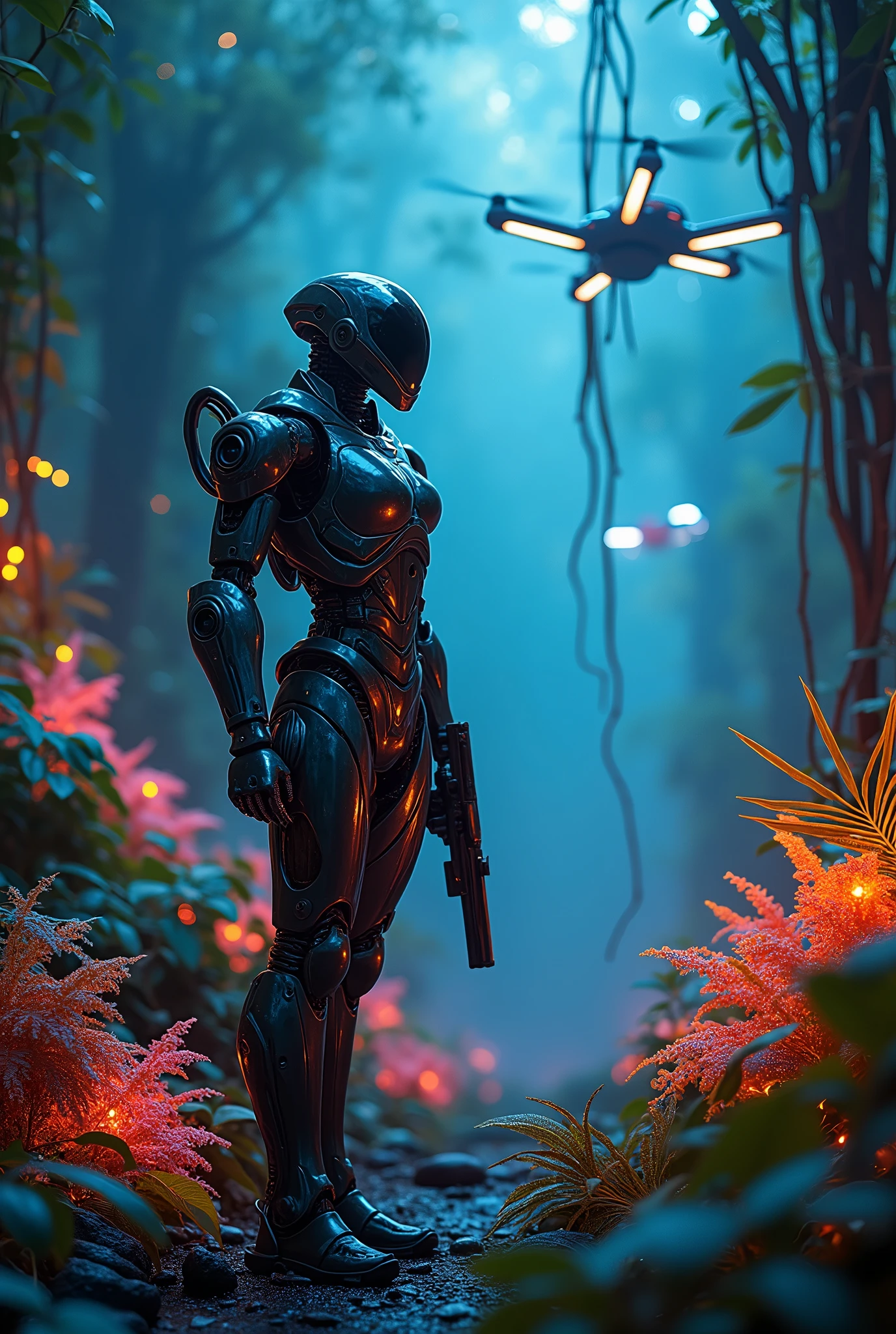 In the heart of a bioluminescent jungle, a sleek and menacing mecha soldier stands vigilant, its futuristic gun at the ready. Drones hover in the distance, their Alien-like luminescence casting an eerie glow. The camera captures this scene on Cinestill 800T film, with Velvia 100's vibrant hues enhanced by the subtle warmth of ND filter-softened light. Shot in the style of Denis Villeneuve, this 35mm photograph exudes a sense of realism and cinematic grandeur, its bokeh-heavy focus drawing attention to the mecha soldier's imposing presence amidst the lush, high-tech jungle terrain.