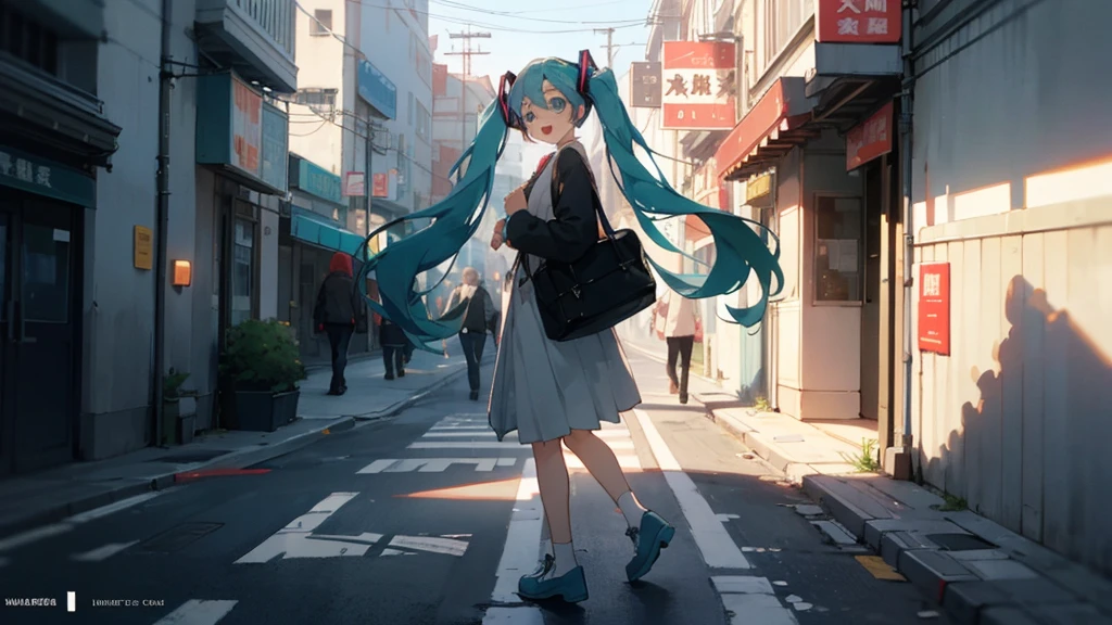 masterpiece, Highest quality,One person, hatsune miku, "Sidewalk Stories" - （People crossing the street々Lyrics of the story