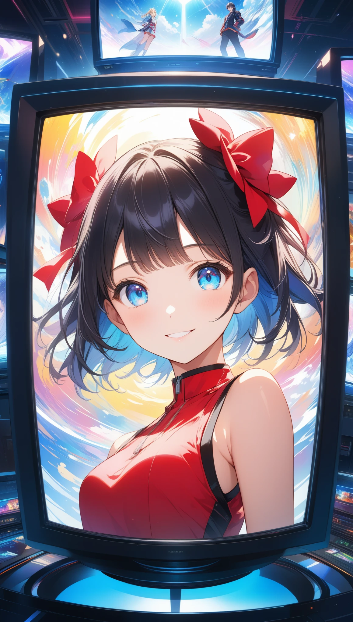 anime style, super fine illustration, highly detailed, dynamic angle, beautiful detailed, 8k, In front of numerous cathode-ray tube televisions, BREAK various programs are being broadcasted. A woman gazes at them, BREAK smiling amidst the colorful scenes.(highest quality、masterpiece、High resolution、detailed)animeスタイル、flat style、(Shining Eyes、detailed美しい顔), BREAK,Dynamic Angles、anime, 1 girl, cute girl, 18 years old, ((perfect anatomy)), ((cowboy shot)), ((32k)), ((best quality)), ((ultra high res)), ((HDR)), ((UHD)), ((extremely detailed CG)), ((unity 32k wallpaper)), (((anime colored))),
