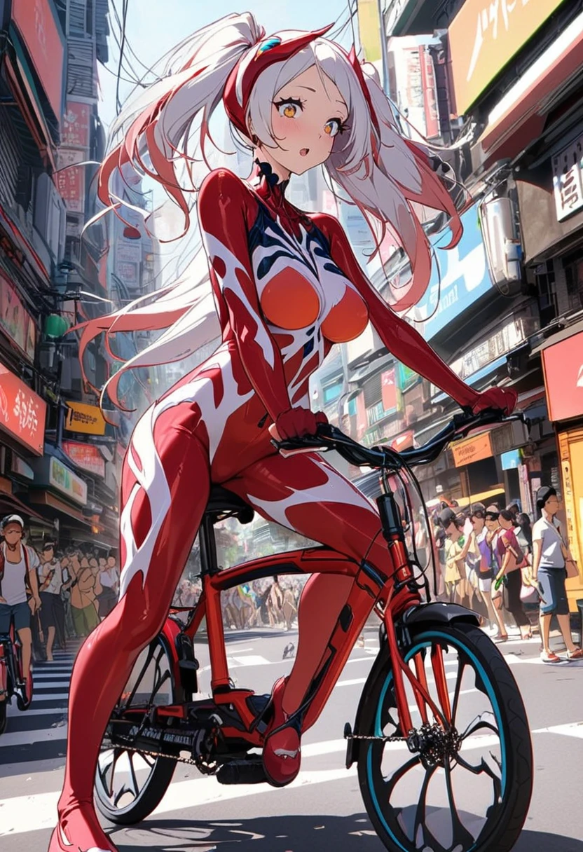 spidergirl (cute woman) in sexy tight fitting alien symbiote suit with red and white styling, on her bicycle casually riding, crowded street of Bangkok