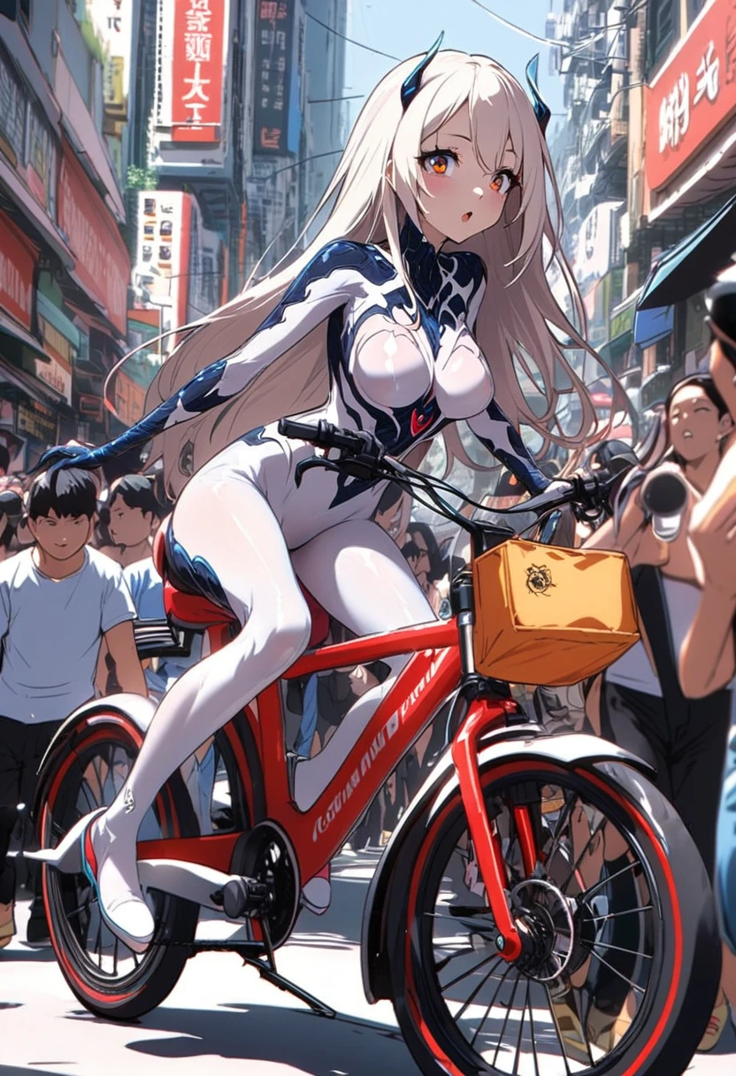 spidergirl (cute woman) in sexy tight fitting alien symbiote suit with red and white styling, on her bicycle casually riding, crowded street of Bangkok