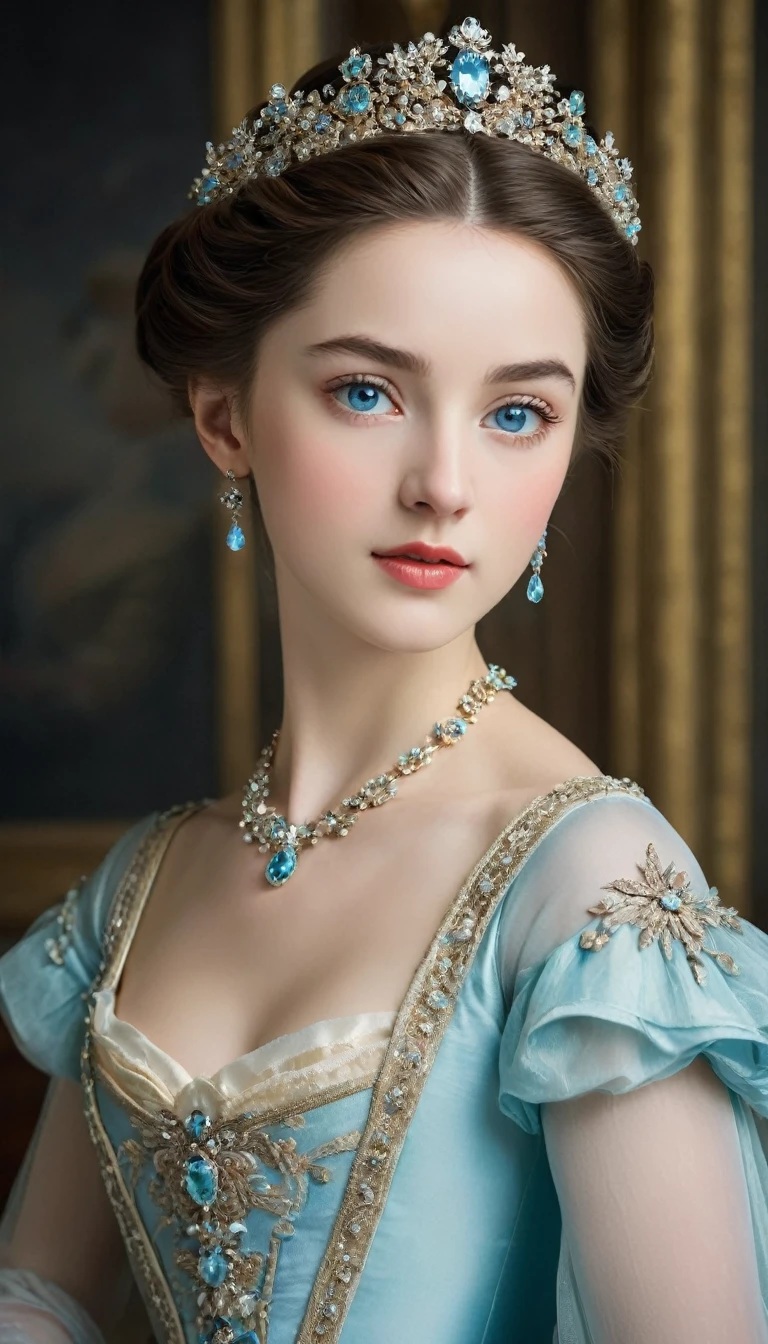 (high resolution,masterpiece:1.2),(Practical:1.37)"(best quality, high resolution, Very detailed, Practical),Beautiful portrait of a 19th century French ballerina, (She is half Scottish，Half Japanese., She is absolutely stunning.，With ice blue eyes and a high nose.:1.1), Exquisite ballet costumes, Detailed facial features, Slender and graceful neck, Aquamarine necklace, Flowing long hair, Calm and elegant posture, charm