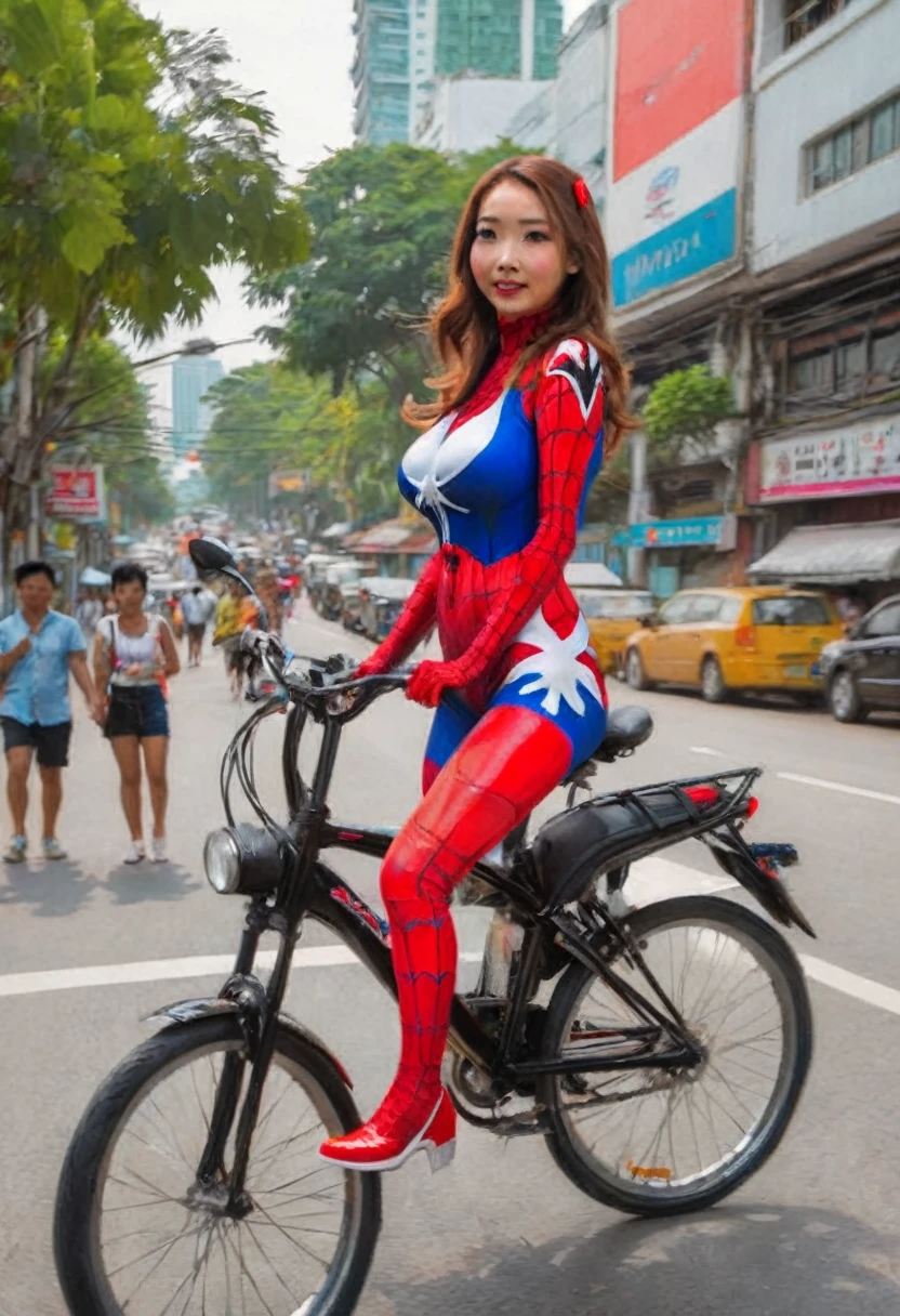 spidergirl (cute woman) in sexy tight fitting alien symbiote suit with red and white styling, on her bicycle casually riding, crowded street of Bangkok
