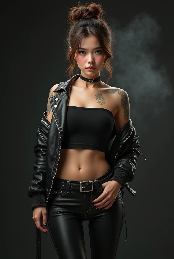 cute tanned japanese woman, amorous and lewd face, bun brown hair, forehead, make-up, grey eyes, superlative body proportion, covered in tattoos, wearing open riders leather jacket, black tank top,  tight fitting leather pants, engineer boots, void black and smoke background, artistic photography, hyper realistic, graphic CG digital art