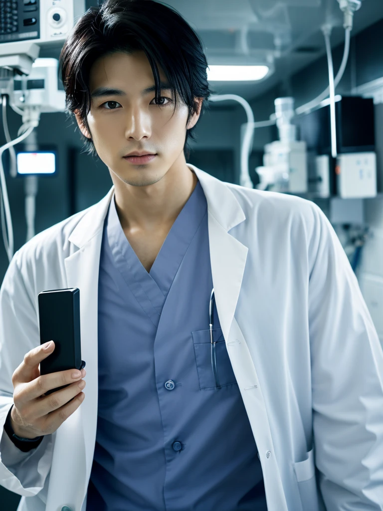 Cinematic Photo of a handsome japanese men 25-30 y.o fashion model, medium black hair. He is doctor. He is now working in hospital
