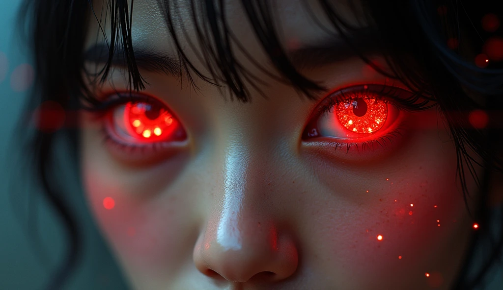 macro Photo: glowing red eyes of a beautiful Japanese woman, Her eyes light up and digital data flows in her eyes, close up --ar 16:9 --cref https://s.mj.run/JJzKlb3E52c --v 6.1