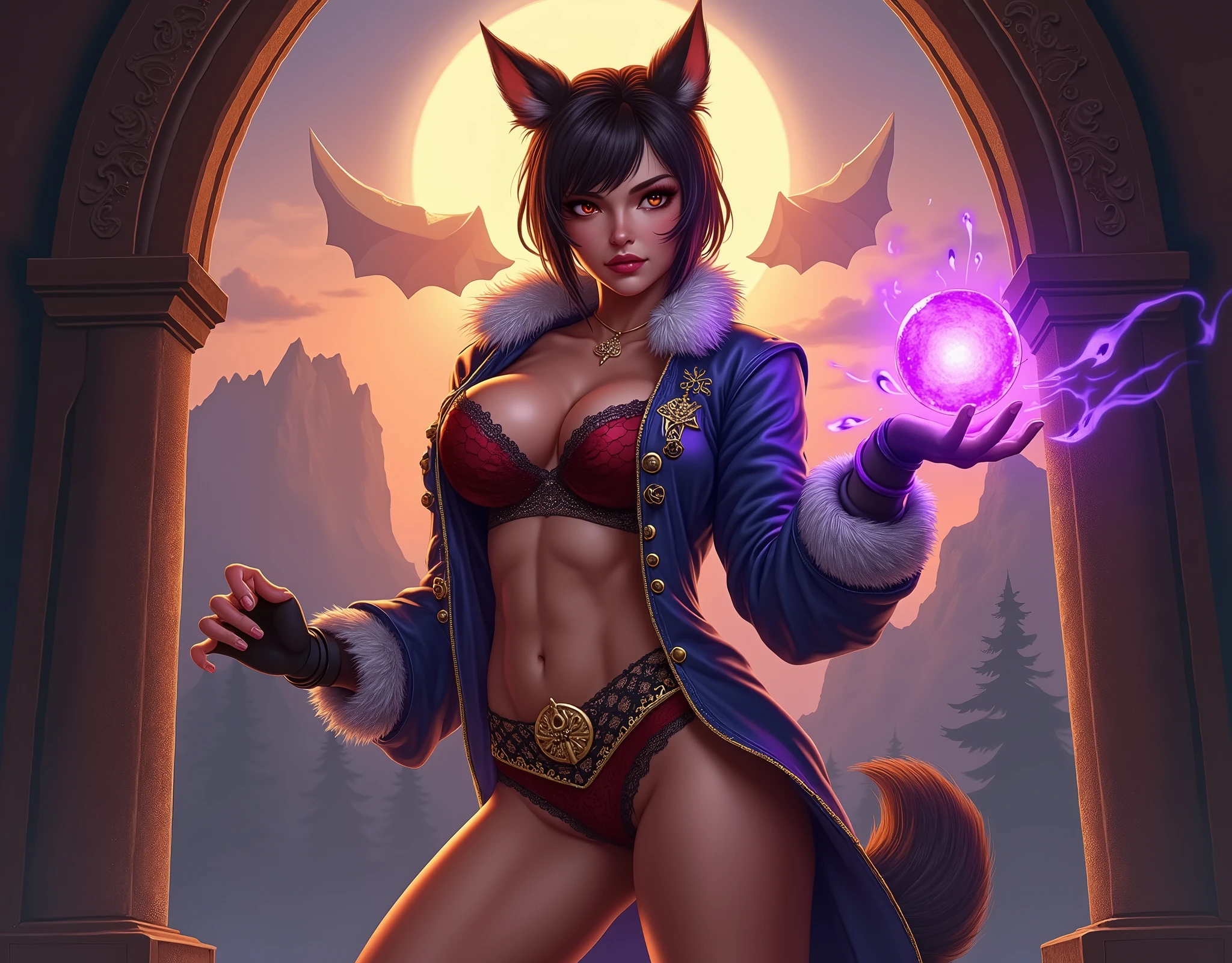 Cat of Darkness Miho, miho summoners war, hairstyle ponytail, Beautiful cute face, Charming, Embarrassed, facing the camera, purple wool, skin color: violet, Body glare, ((pretty eyes)), Eye color - bright purple glow, Eyes glow, bright pupils, ((Perfect Sexy Figure)), Perfect shapes, big thighs, ((Sophisticated and beautiful), ((Sexy Fantasy Purple Chest Neckline Star Shape Neckline)), Sexually seductive position, Full-length, Background: Twilight Forest and Starry Sky and Castle, Depth of field, ((ultra quality)), ((tmasterpiece)), Clear image, crisp details, Realistic, professional photoshoot, Clear Focus, the anime, graphically, NSFW