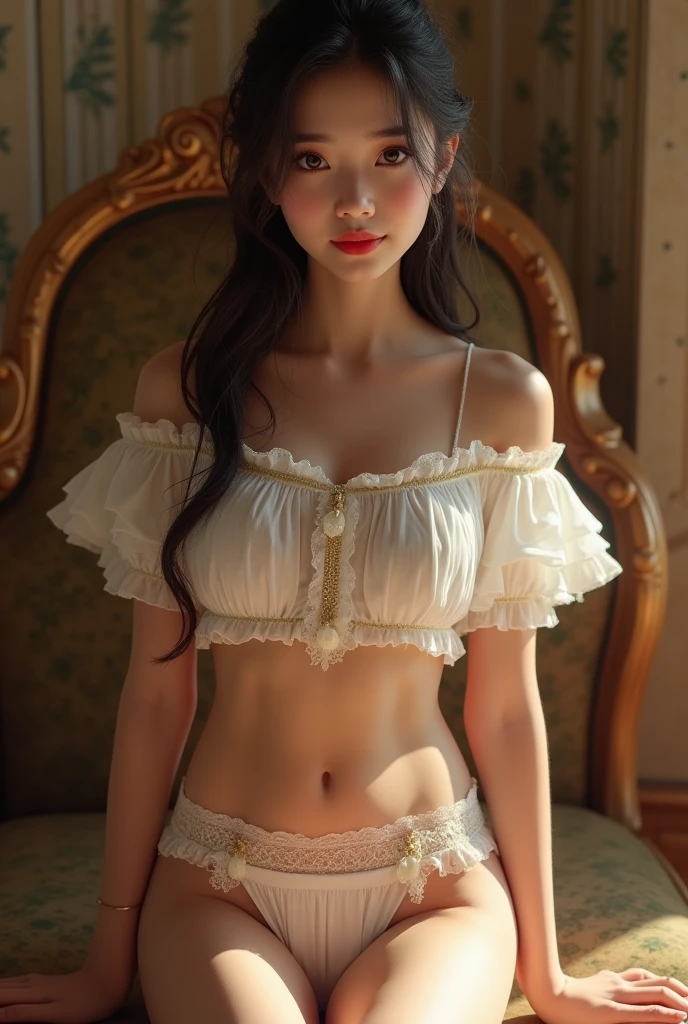 (32ｋ,high detal,high-detail、Attention to detail,​masterpiece,full body Esbian,独奏,Although incredibly beautiful and sexy、Very pretty１5 year old high school girl loli beautiful girl：1.9),Raw photo & realistic atmosphere,beautiful dark blue eyes,Detailed mouth,Glossy lips,Detailed eyebrows,Eyes drawn in detail with soft white skin that shines with every detail、Very beautiful eyes with dark blue eyes,Detailed lips、Very beautiful face,Very well-formed face、Real Face,shiny beautiful lips,Beautiful eyebrows,Infinite reality, Realistic Young Gravure Idol, Young Sensual Gravure Idol, Young Gravure Idol, Beautiful, Sexy and cute.１5 year old high school girl beautiful girl,the whole body is wet,dripped out,with a flushed face,,The body is dripping wet,Sheer clothing,Hair is wet,Dripping water,dripping,（Wet and see-through short sleeve blouse,Beautiful kind eyes,Looking at the camera：1.5）,(Beautiful smooth legs,Exposed thighs,Gentle smile,Sexy shapely breasts,,Immature body,Beautiful sexy floral almost lace blouse with red and white base,Super emphasis on bare thighs,Show off your beautiful thighs sexy,Dark room in crimson sexy space,Sit on the bed、Stand on both feet：1.７),（semi-long hair with shiny knots,,,White and navy blue floral lace blouse,３ｄUltra-high resolution blouse with super detail、Lace and ruffles、See-through fabric for sexiness,All buttons of the blouse are unbuttoned.,Lower body wears black pantyhose, garter belt and G-string,cover crotch with hands,Warm your crotch with your hands,Dark red,total darkness,The room is dark、Difficult to see the subject.,Sexy space in pitch black red：1.9）