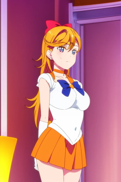 Sailor Senshi Uniform, Anime Aunt, A MILF, skirt, aino minako, 独奏, bow, white glove, sailorvenus, Blonde woman with very long hair, elbowgloves, Red ribbon on head, Orange sailor collar, Golden sailor collar, back_bow, orange choker, Golden Choker, jewelry, Blue-eyed woman, Orange Skirt, Golden skirt, magical , earrings, circlet, skirt rift, smile, rating:safe, leotard, pleatedskirt, lifted_by_self, Half Up Hair, Bare shoulders, bare legs, cowboy_shot, collarbone, shiny, looking_at_viewer, panties on, Purple ribbon on chest, Woman standing, shiny_hair, bangs, eyebrows_ass visible_through_hair, hair_bow, closed_mouth, highleg, shiny_skin, heart, White leotard, white dress, huge tit, Leotila,