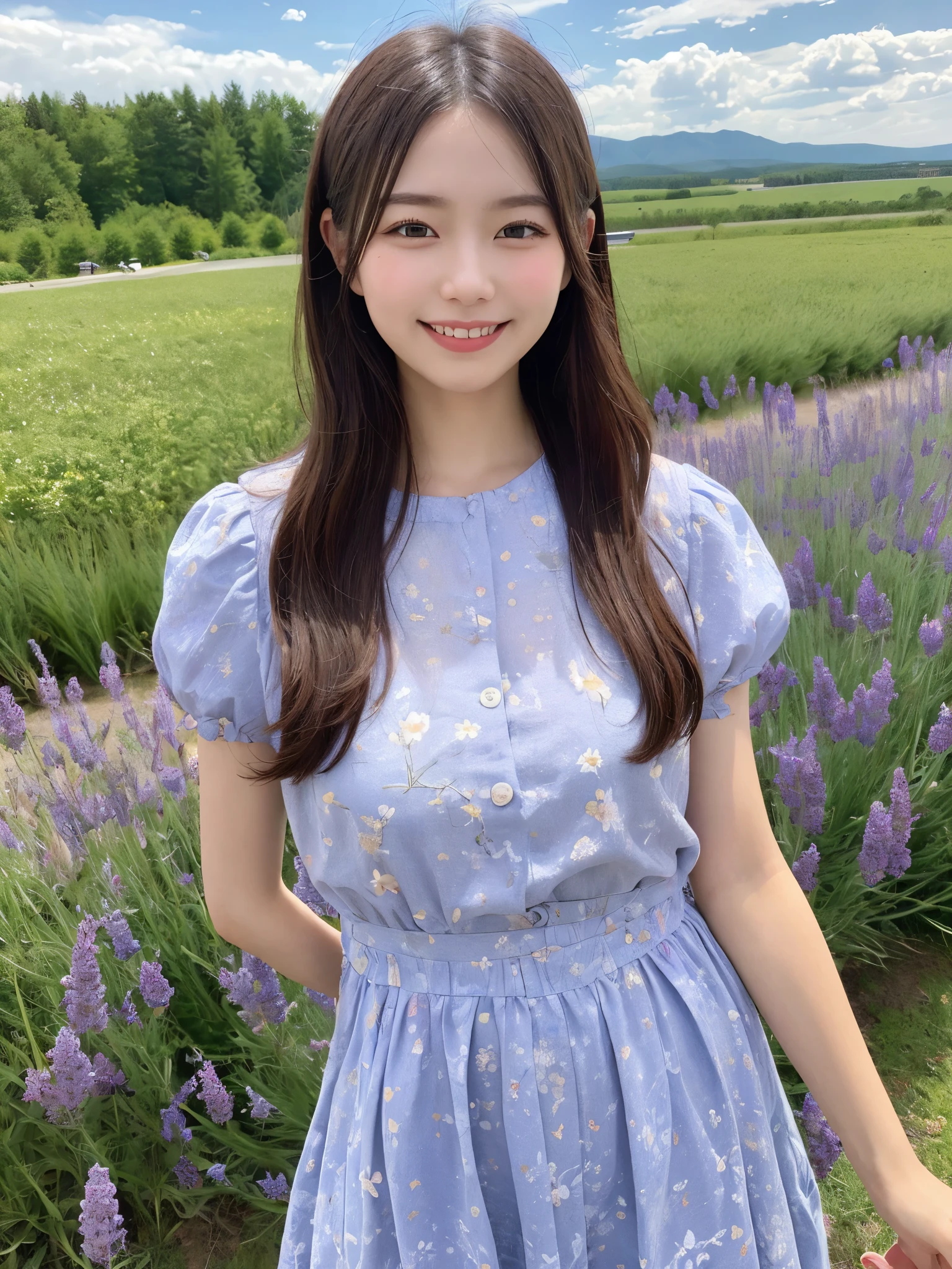 1girl, solo, highres, best_quality, masterpiece, detailed_background, intricate_details, beautiful, hokkaido, furano, lavender_field, summer_clothes, nature, smile, looking_at_viewer, dynamic_pose, natural_pose, candid, happy