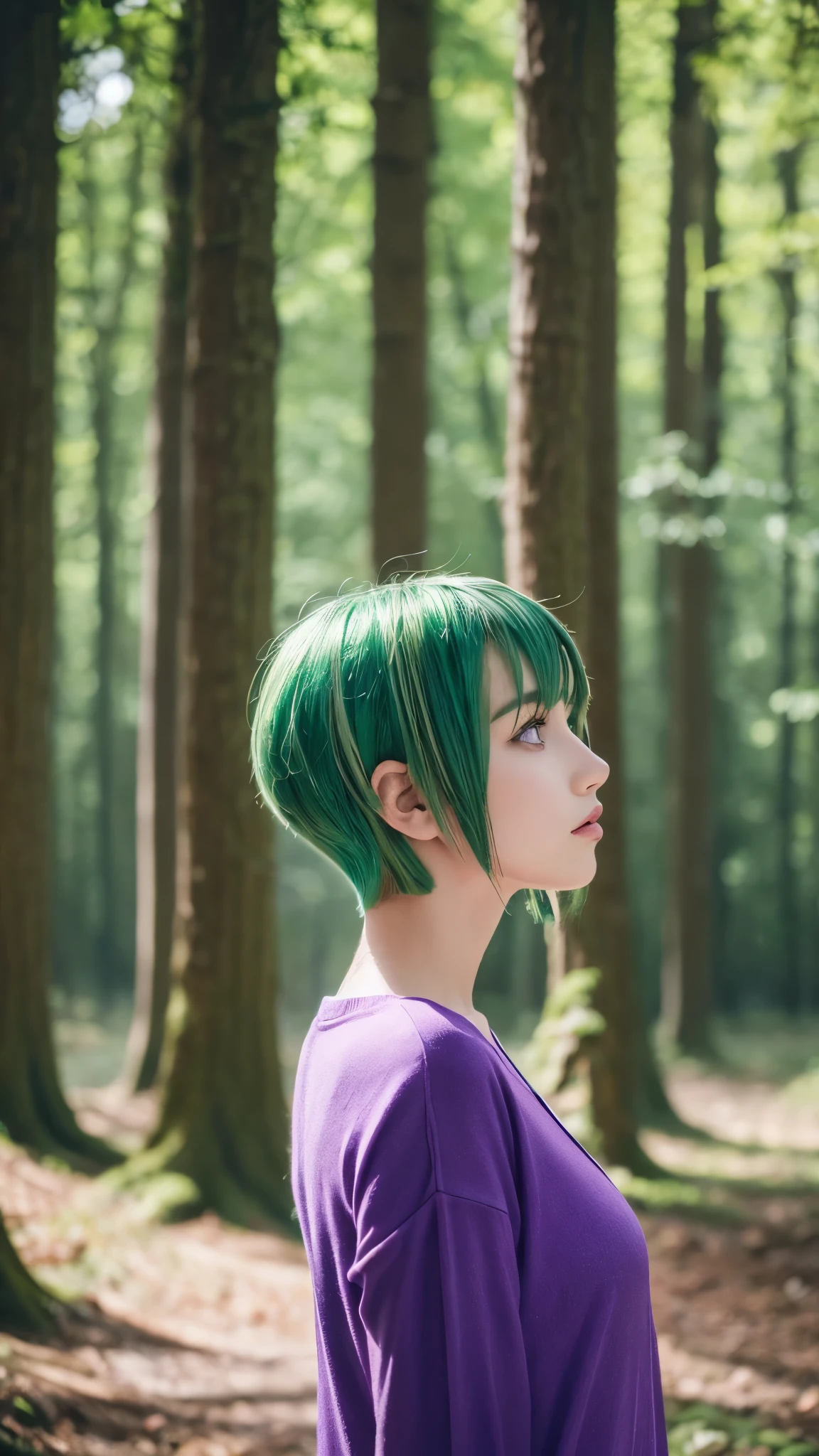Latte 867, One person, alone, (Forest Green Hair:1.2), Asymmetrical haircuts, (Purple clothes:1.2) masterpiece, Highest quality, photoRealistic, Realistic, (RAW Photos, 8K Ultra HD, Film Grain), Caustics, Scattered beneath the surface