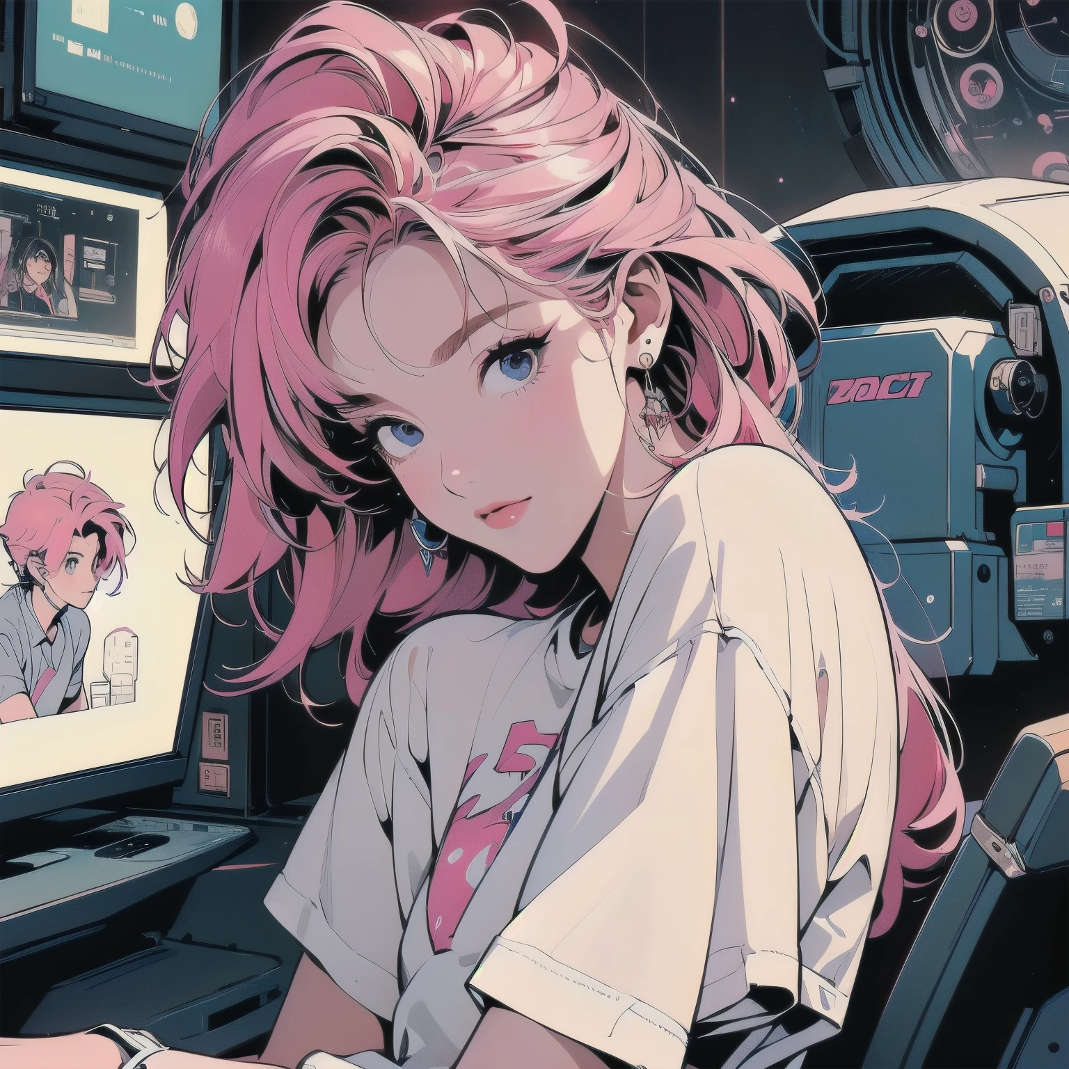 (((masterpiece, Highest quality)))、(((32K Wallpapers)))、The most detailed machine、(((The most complete and detailed colorfull futuristic machine and a woman)))、The most detailed background、(((Flat Chest)))、(((Surrounded by many complex, sophisticated, futuristic machines)))、head shot,((((more various angle))))、((Overall colorfully))、A perfect machine、(((Perfect Face)))、(((The most complete machine of the future)))、Detailed Hair、Trigun、Short sleeve white T-shirt、pink hair