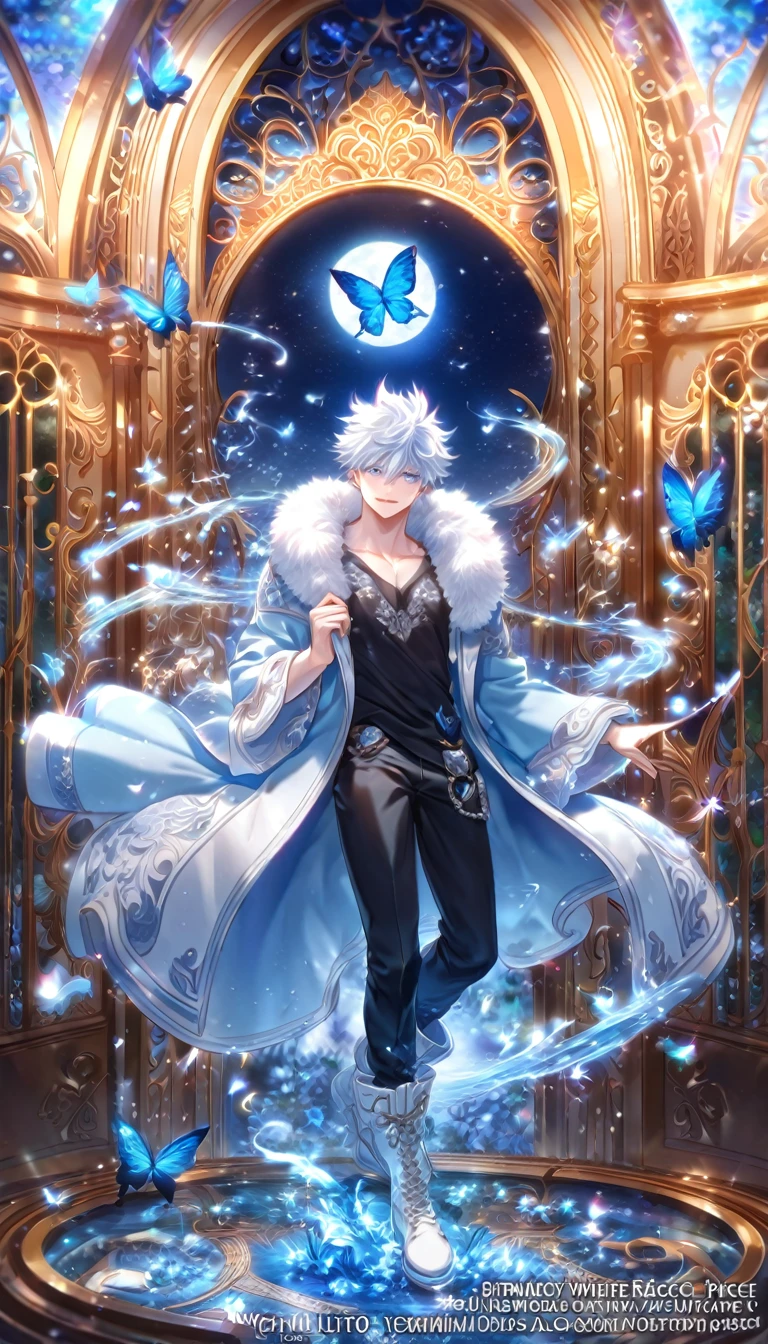 absurdres, highres, ultra detailed, HDR) master piece, best quality, extremely detailed, delicated features, Gojou Satoru, white hair, messy hair, hair between the eyes, expressive blue eyes, white eyelashes, Boku No Hero Academia, solo, sexy man, handsome, sensual, light-blue coat with fur collar, black T-shirt, black pants, white boots, full body, fantasy, magical, glittering, water, blue flames, blue moon, blue flowers, blue butterflies, garden