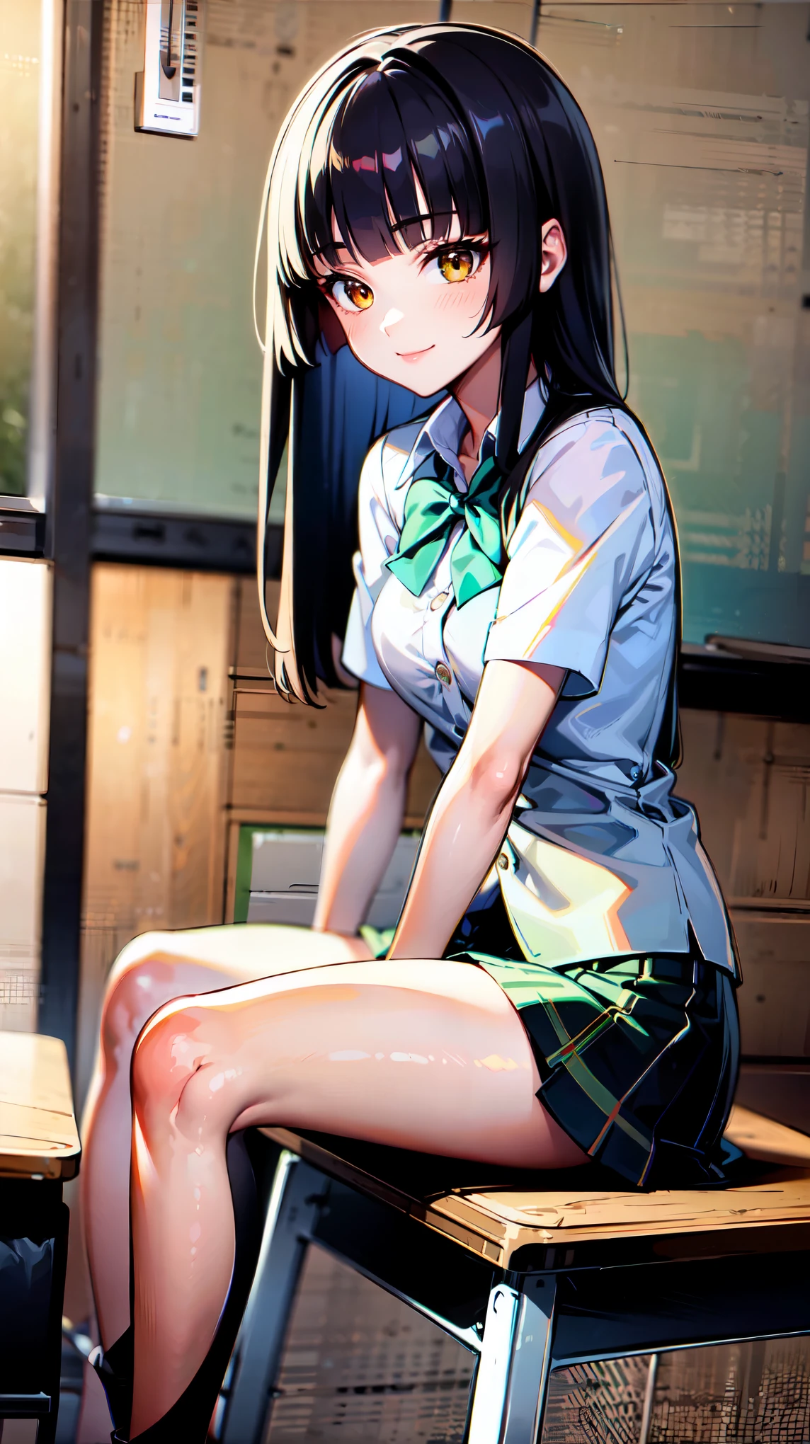 （（super high quality,Ultra-high resolution,4K,8k,super masterpiece,Ultra HD ,Detailed shading））,Full body photo,Diagonal side angle,Morning Classroom,One high school girl,Blue-green blazer,White dress shirt unbuttoned to the second button,A bright yellow striped bow tie,Brown plaid mini skirt,black tights,Long black straight hair,Side-swept bangs,Orange and green heterochromia,Sharp eyes with raised,smile,blush,Sit on a desk,