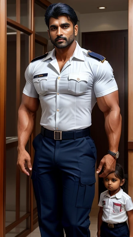 Sexy indian gurjar 40 years old AARAV hunk in navy security guard uniform with batches on shirt and huge bulge standing with young girl