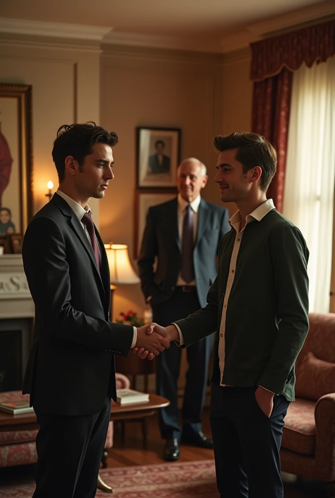 Handsome young white man with a beautiful face and white skin, 27 years old. His father introduces him to his stepbrother, shaking his hand. The father forces him to greet his father, son, and stepbrother. He welcomes him to his home.