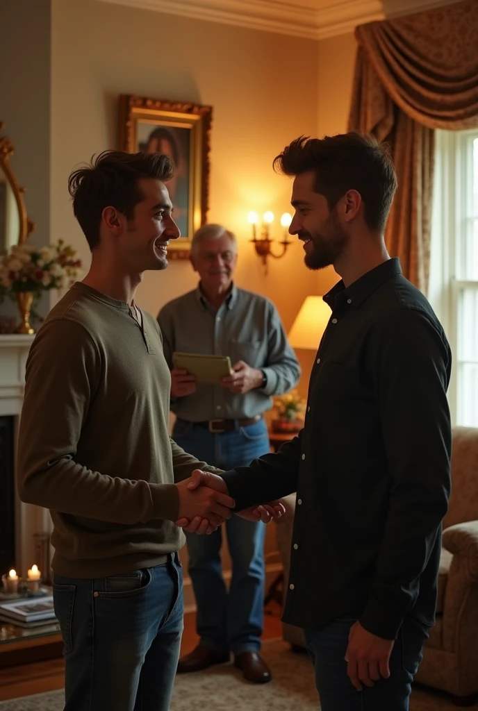 Handsome young white man with a beautiful face and white skin, 27 years old. His father introduces him to his stepbrother, shaking his hand. The father forces him to greet his father, son, and stepbrother. He welcomes him to his home.