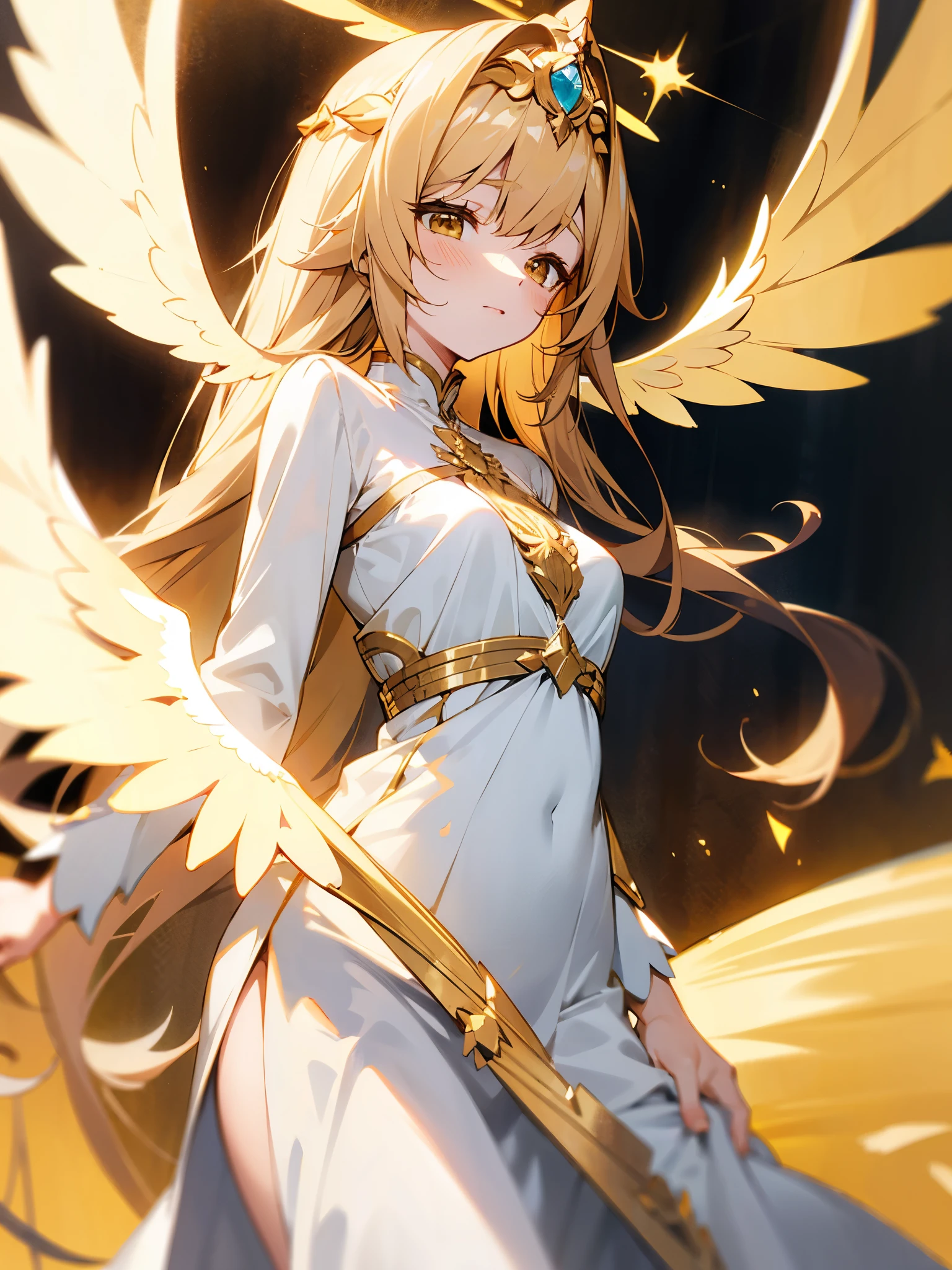 long golden hair,ornate golden headress, long ethereal white dress,hazel eyes,white angel wings,sun goddess