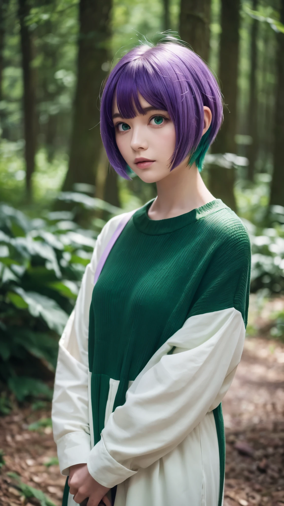 Latte 867, One person, alone, (Forest Green Hair:1.2), Asymmetrical haircuts, (Purple clothes:1.2) masterpiece, Highest quality, photoRealistic, Realistic, (RAW Photos, 8K Ultra HD, Film Grain), Caustics, Scattered beneath the surface 