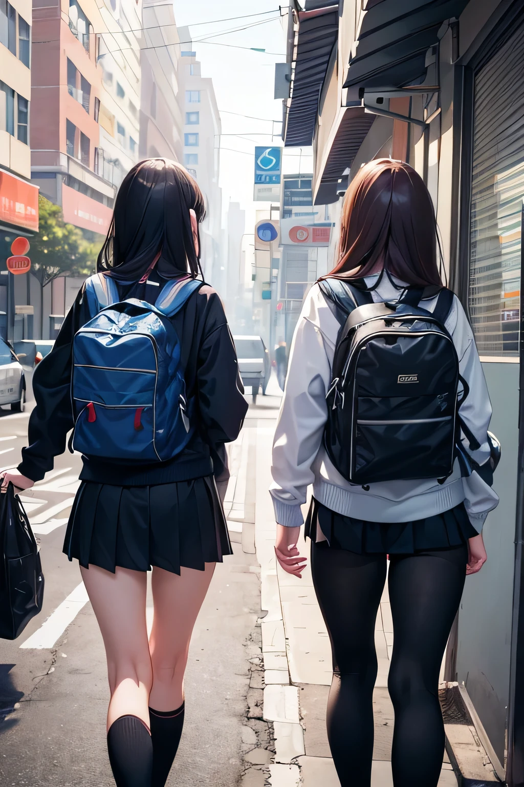 master piece,best quality,ultra-detailed,(2 girls),17yo,(going to and from school),from behind,walking,(upper body:1.3),city,school uniform,high school girl,(two people walking away)