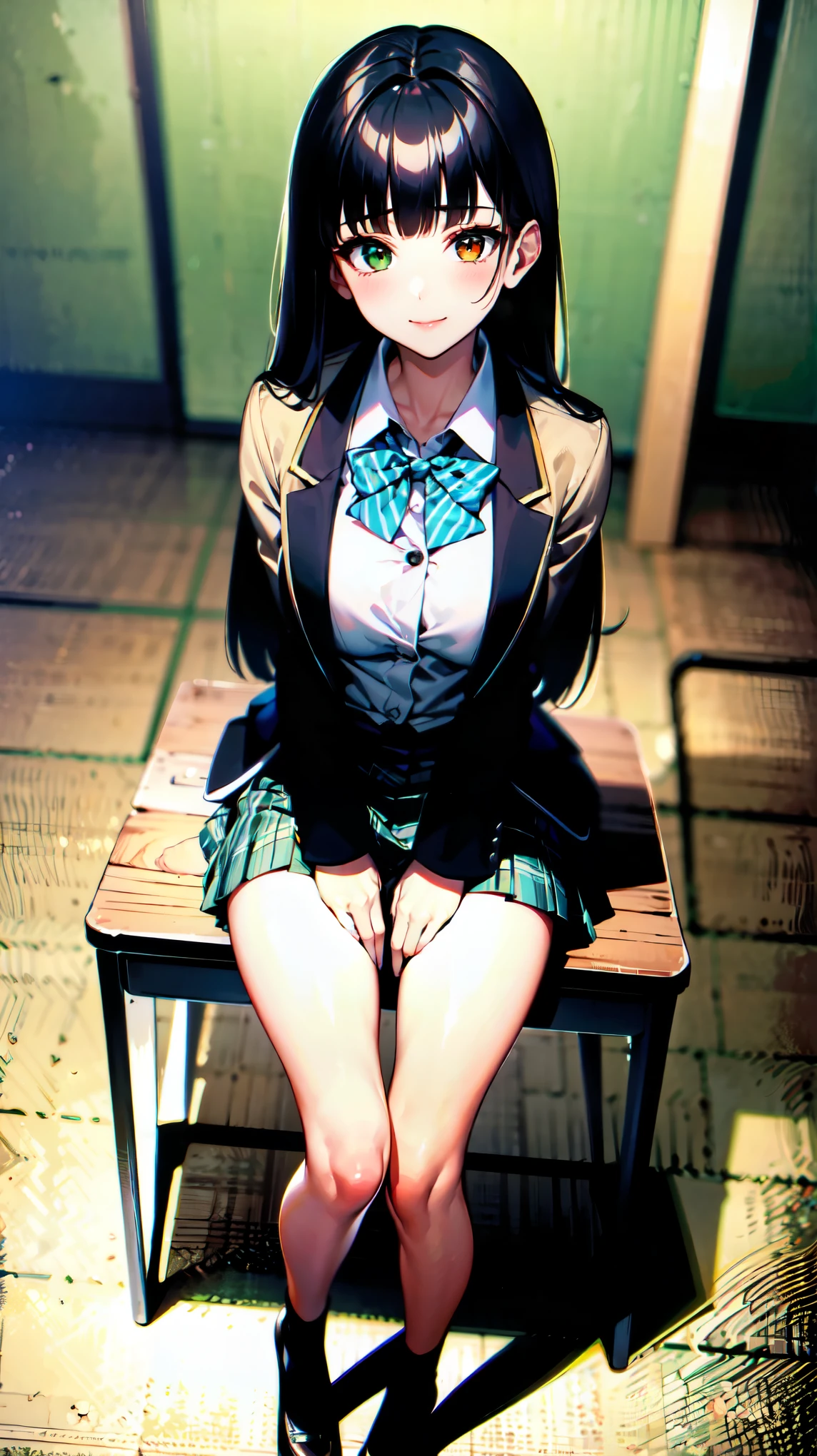 （（super high quality,Ultra-high resolution,4K,8k,super masterpiece,Ultra HD ,Detailed shading））,Full body photo,Angle from a slight angle,Morning Classroom,One high school girl,Blue-green blazer,White dress shirt unbuttoned to the second button,A bright yellow striped bow tie,Brown plaid mini skirt,black tights,Long black straight hair,Sweep the bangs heavily to the left,Orange and green heterochromia,Sharp eyes with raised,smile,blush,Sit on a desk,