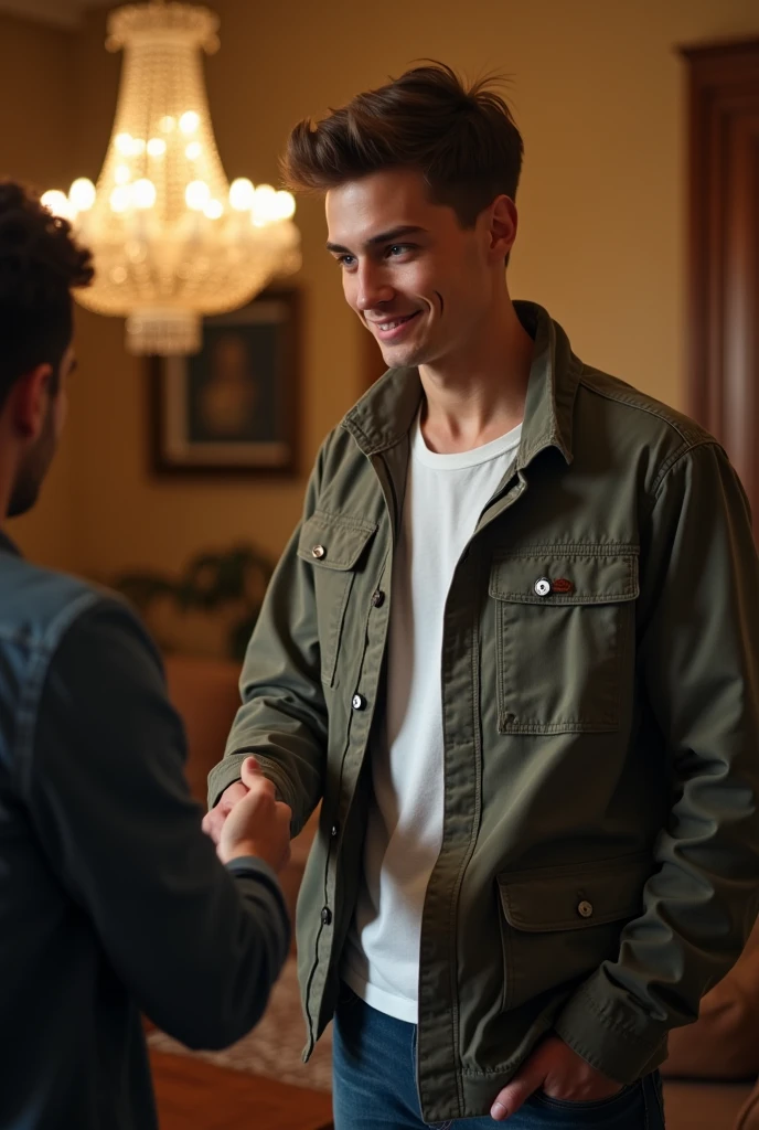 Handsome young white man with a beautiful face and white skin, 27 years old. His father introduces him to his stepbrother, shaking his hand. The father forces him to greet his father, son, and stepbrother. He welcomes him to his home.